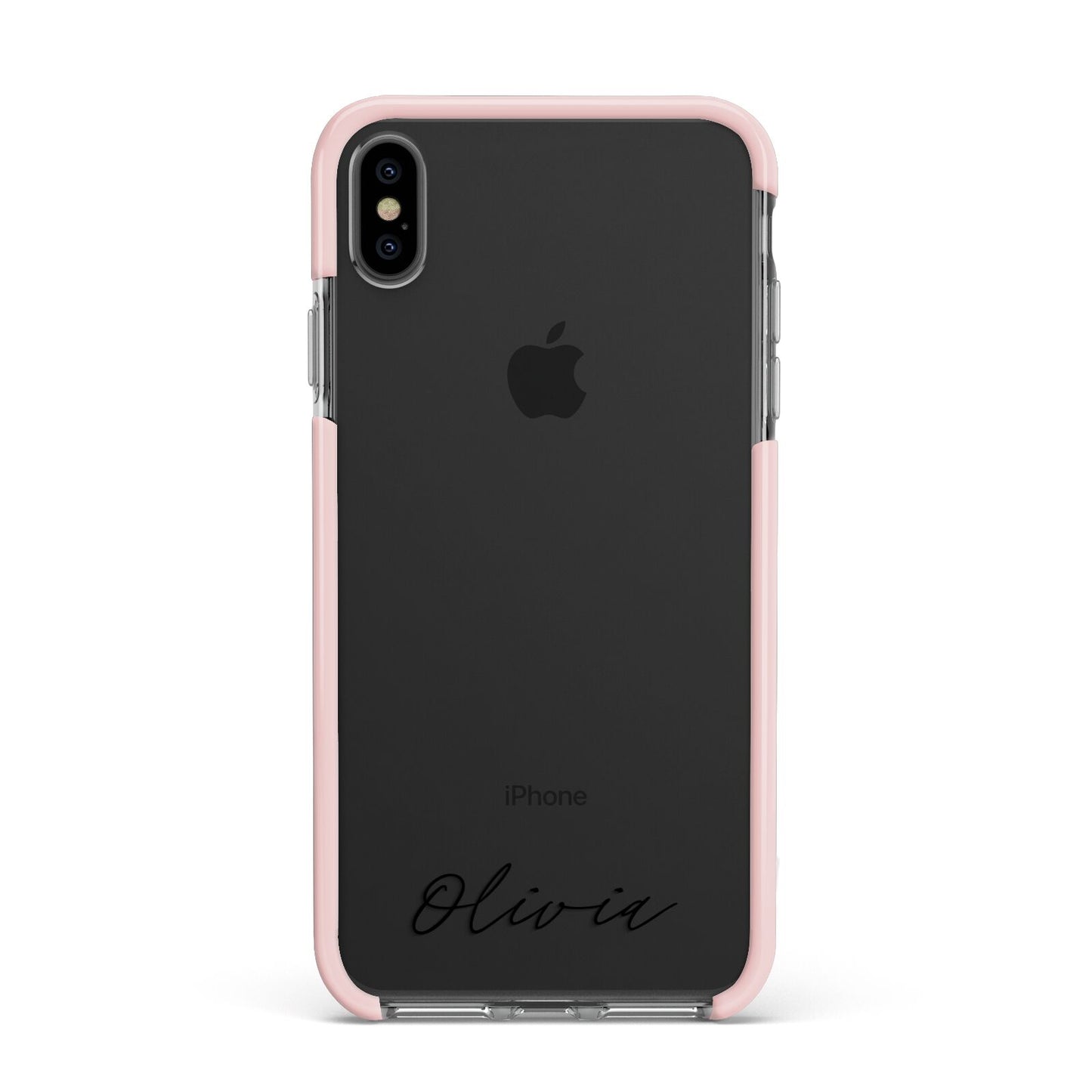 Scroll Text Name Apple iPhone Xs Max Impact Case Pink Edge on Black Phone