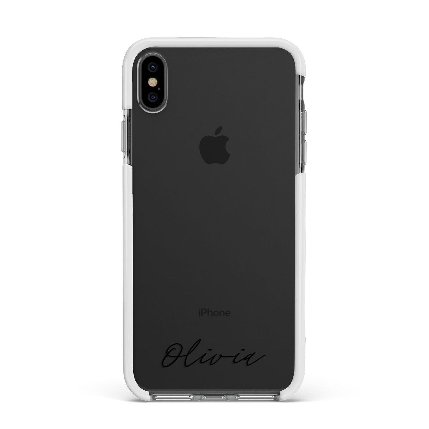 Scroll Text Name Apple iPhone Xs Max Impact Case White Edge on Black Phone