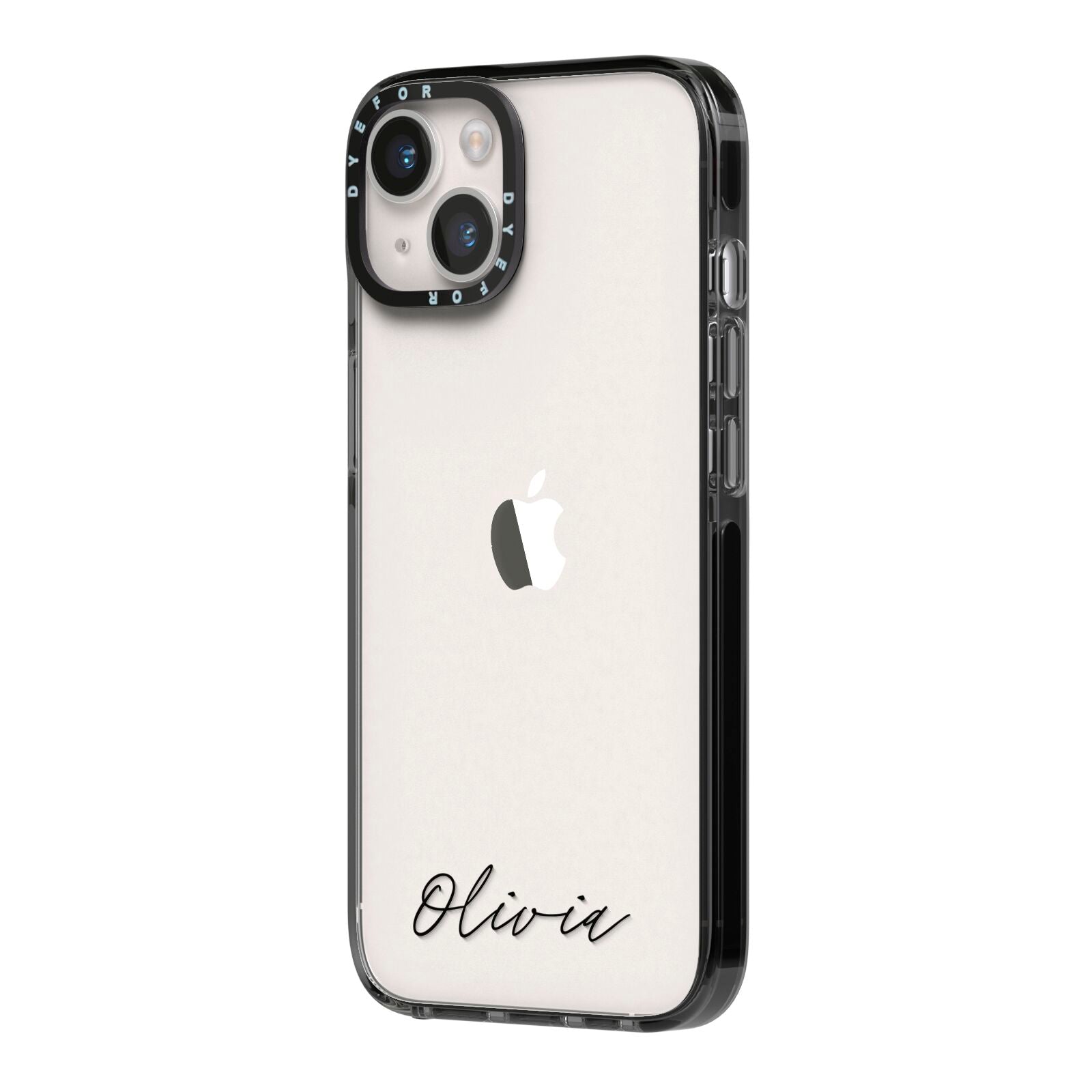 Scroll Text Name iPhone 14 Black Impact Case Side Angle on Silver phone