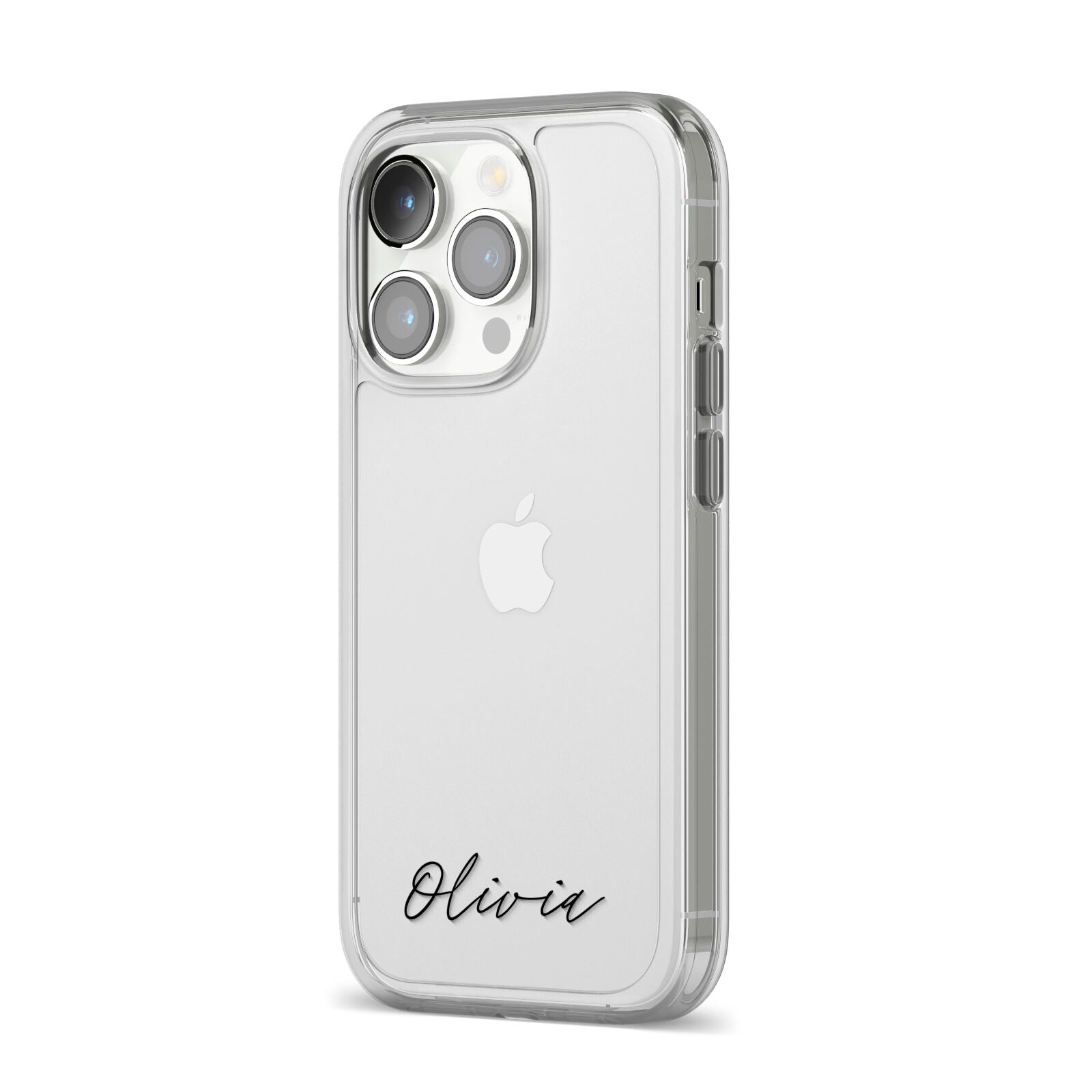 Scroll Text Name iPhone 14 Pro Clear Tough Case Silver Angled Image