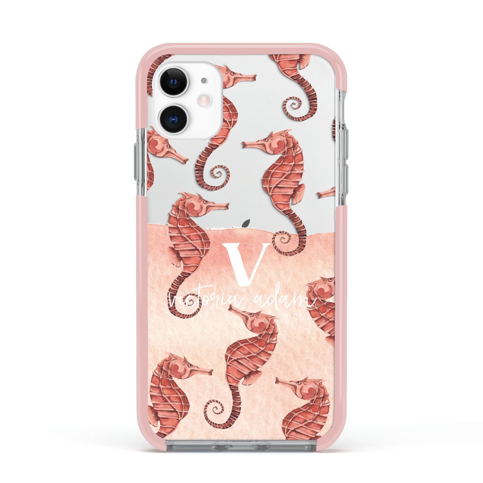 Sea Horse Personalised Apple iPhone 11 in White with Pink Impact Case