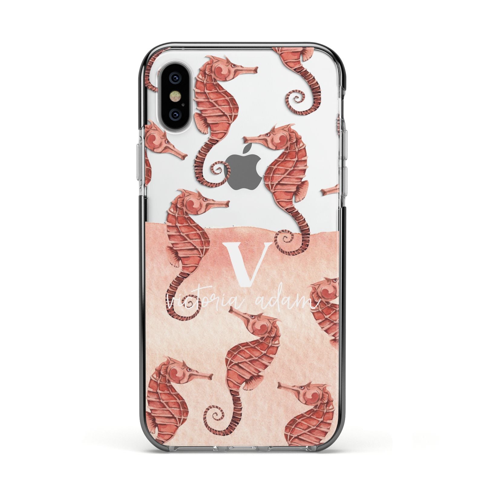 Sea Horse Personalised Apple iPhone Xs Impact Case Black Edge on Silver Phone