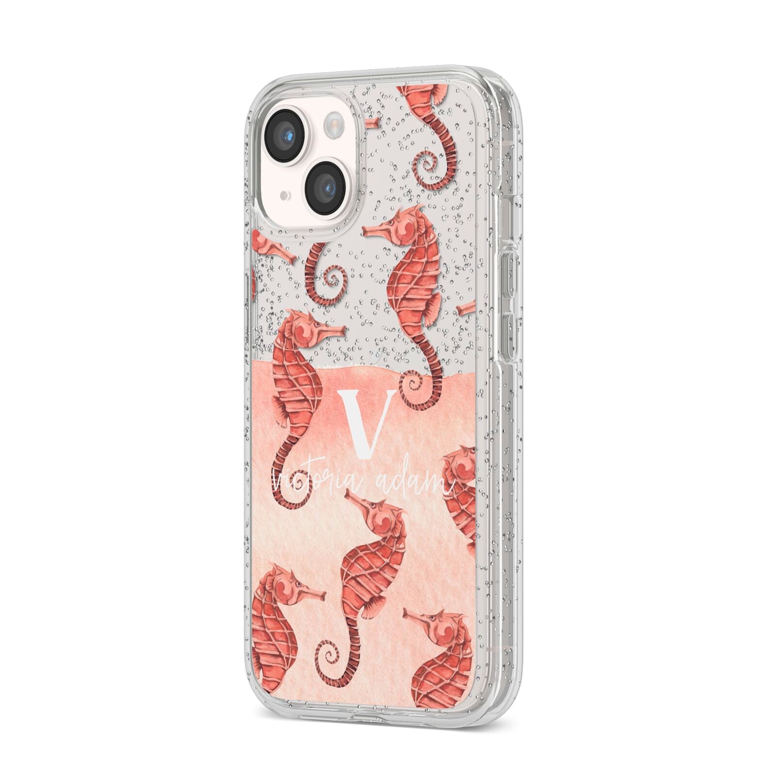 Sea Horse Personalised iPhone 14 Glitter Tough Case Starlight Angled Image