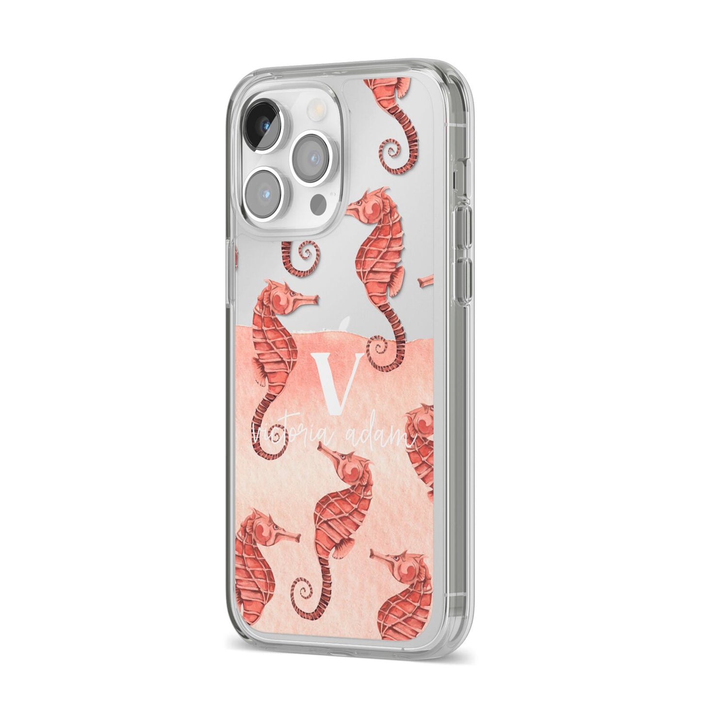Sea Horse Personalised iPhone 14 Pro Max Clear Tough Case Silver Angled Image