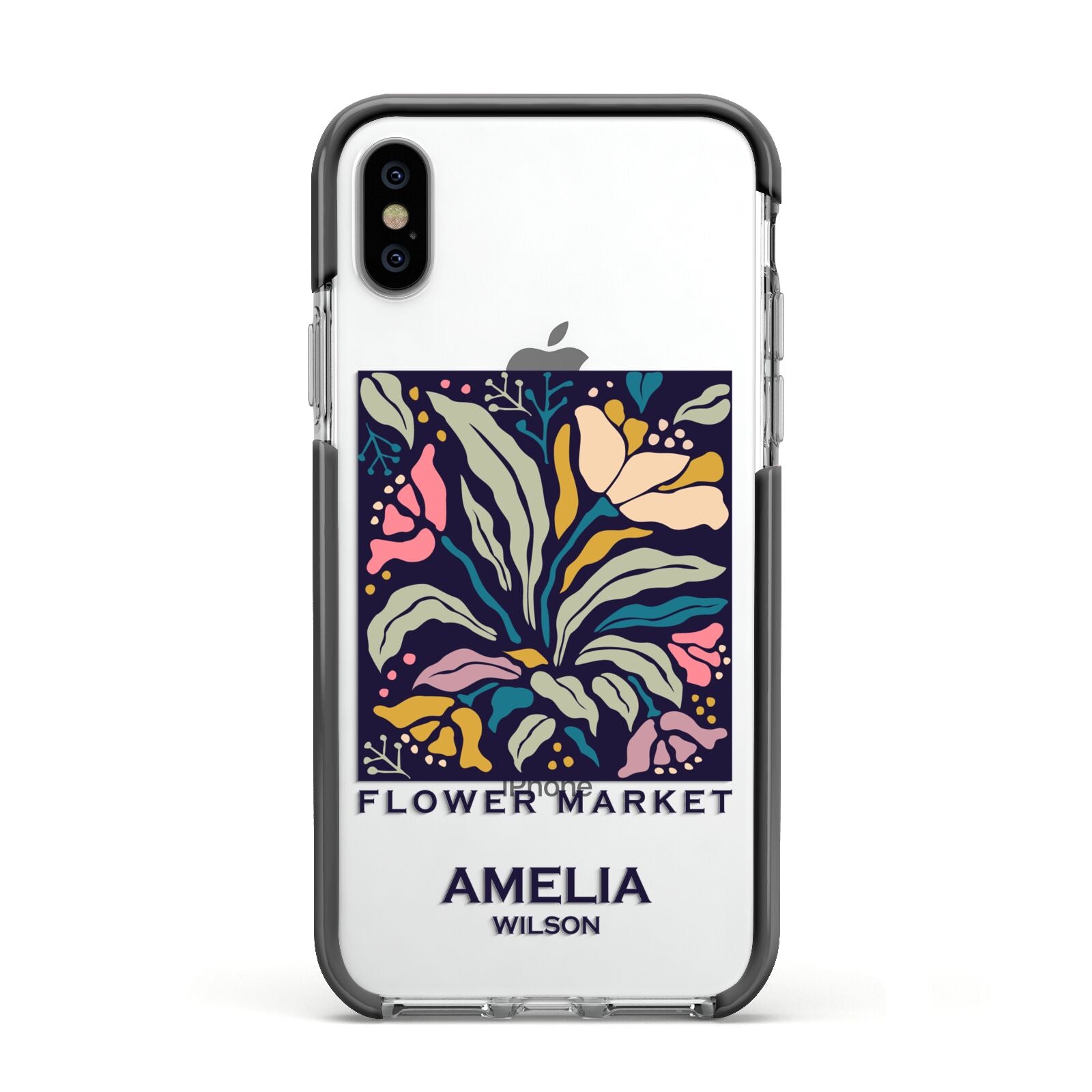 Seoul Flower Market Apple iPhone Xs Impact Case Black Edge on Silver Phone