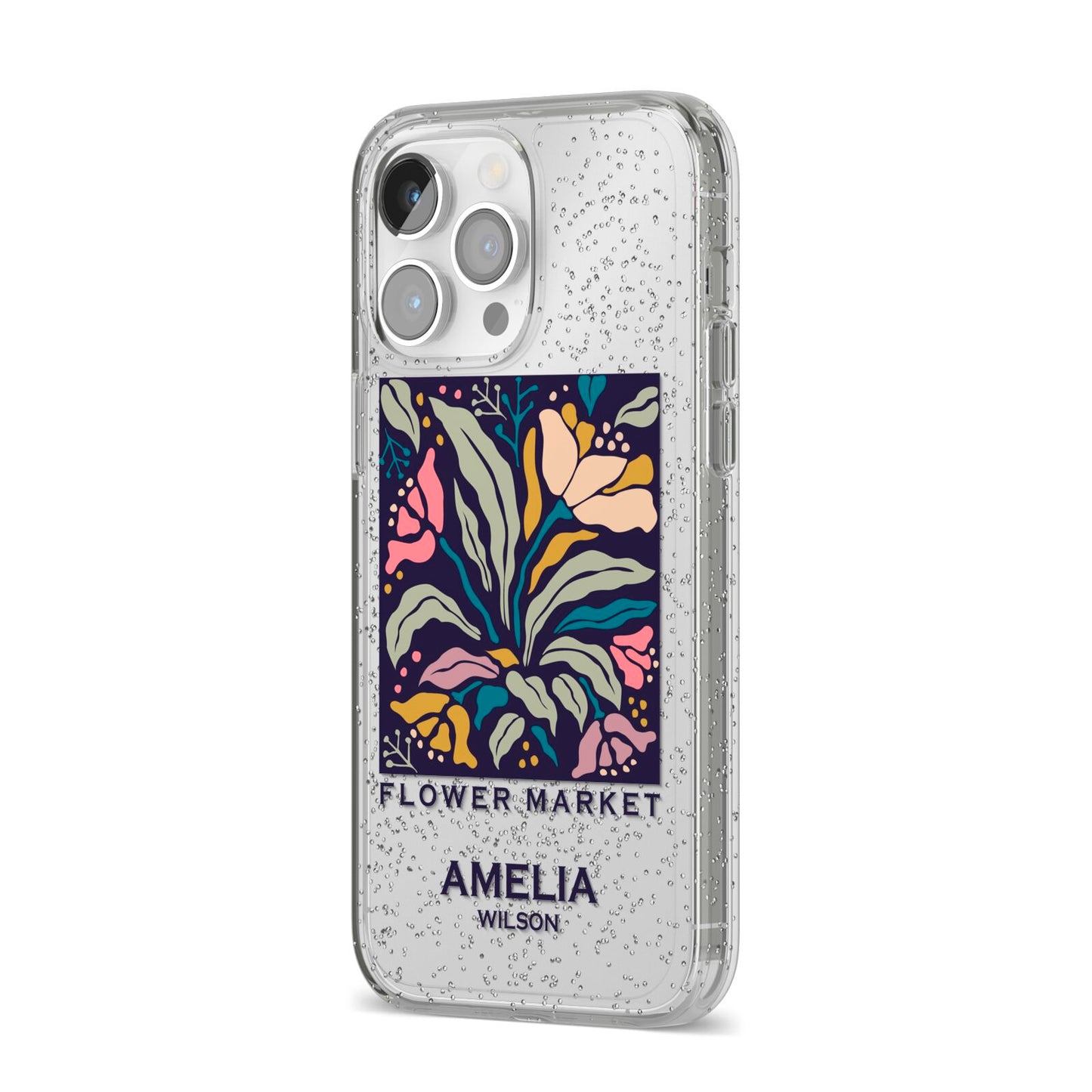 Seoul Flower Market iPhone 14 Pro Max Glitter Tough Case Silver Angled Image