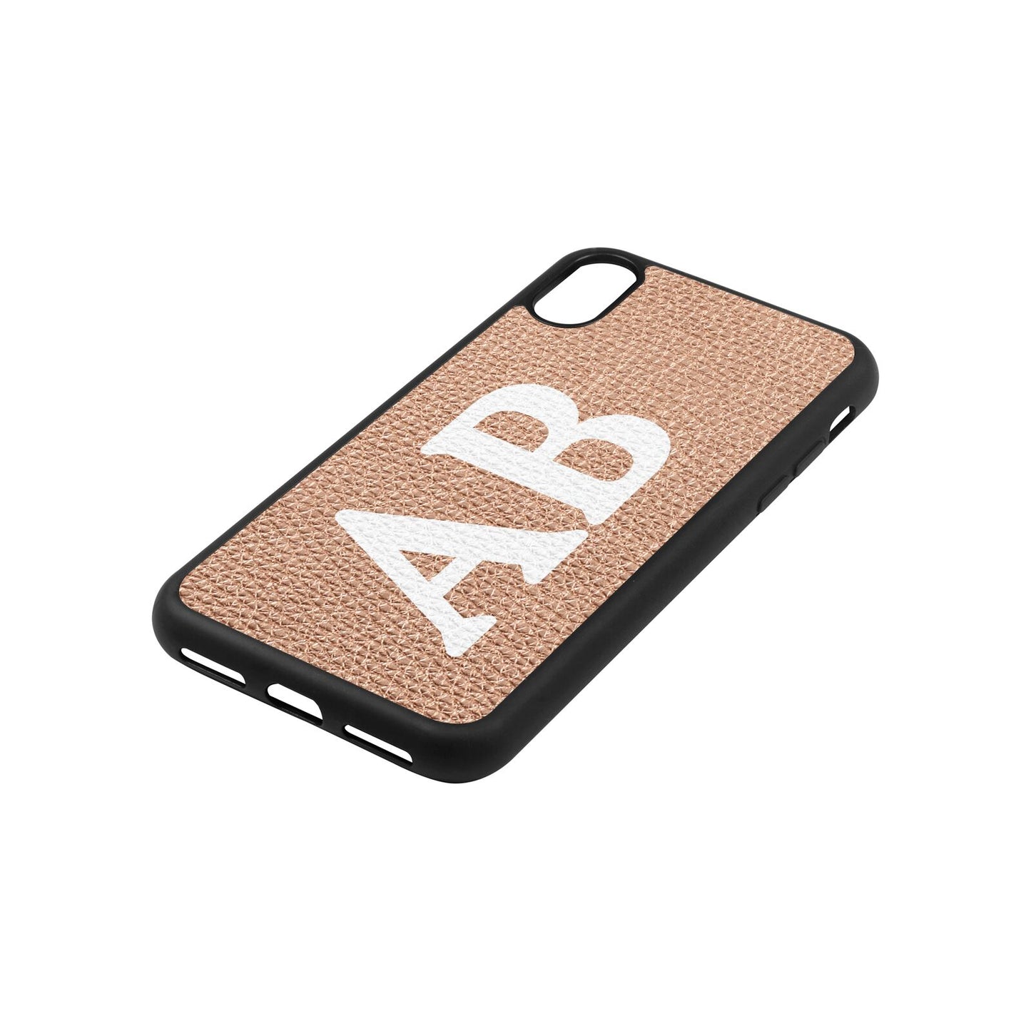 Serif Initials Rose Gold Pebble Leather iPhone Xs Case Side Angle