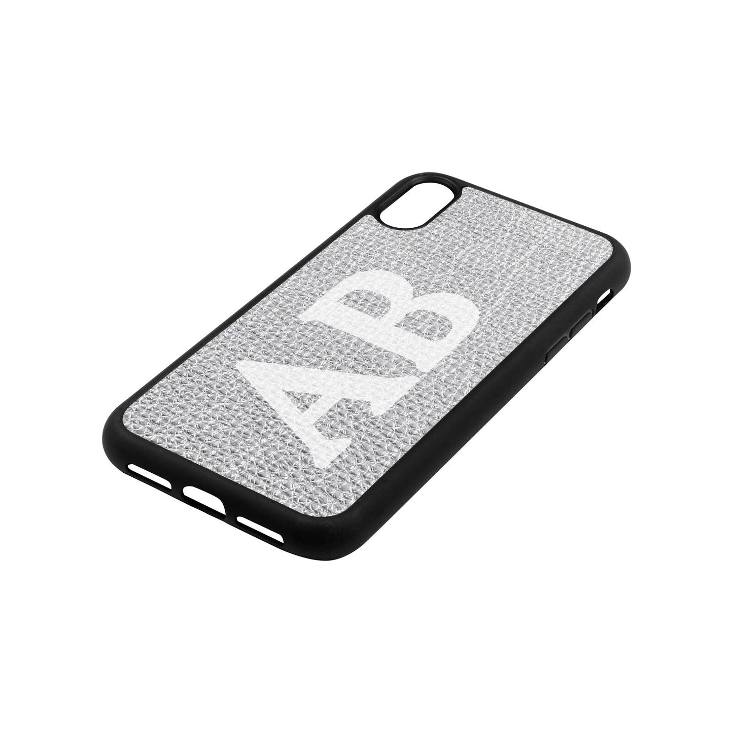 Serif Initials Silver Pebble Leather iPhone Xr Case Side Angle