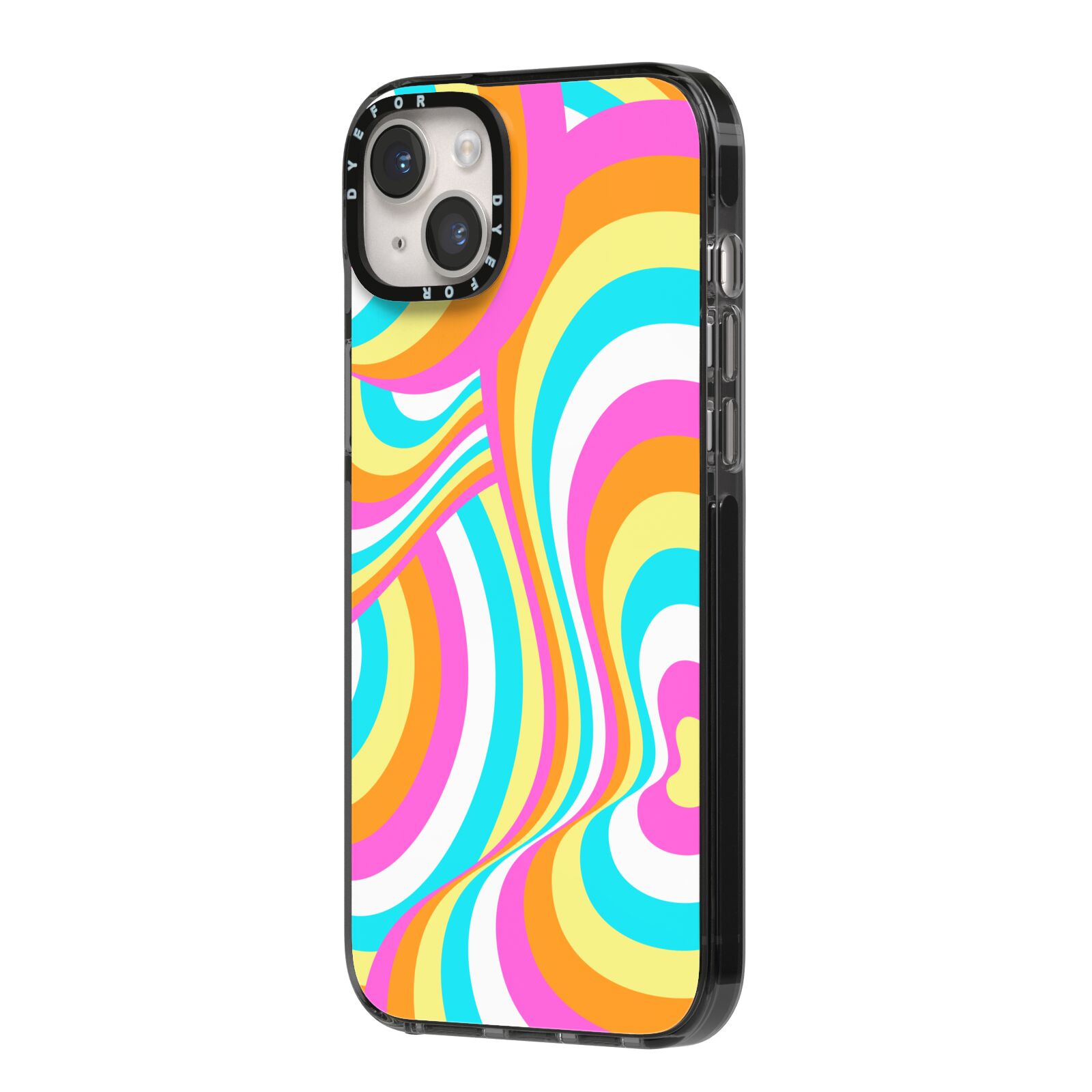 Seventies Abstract iPhone 14 Plus Black Impact Case Side Angle on Silver phone