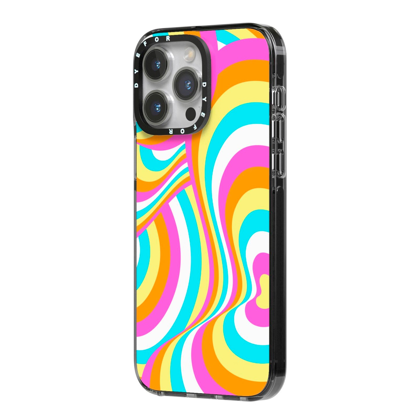 Seventies Abstract iPhone 14 Pro Max Black Impact Case Side Angle on Silver phone