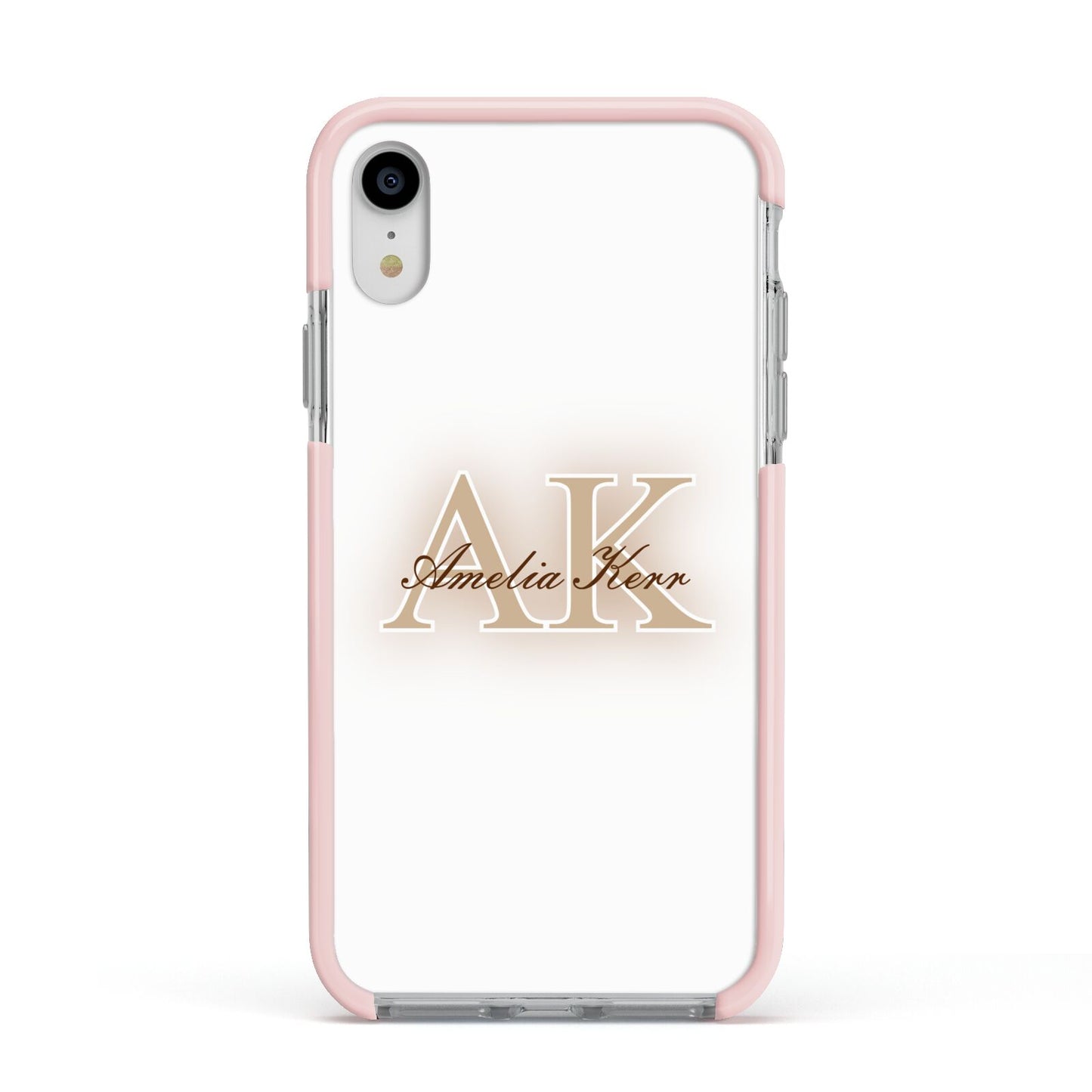 Shadow Initial Personalised Apple iPhone XR Impact Case Pink Edge on Silver Phone