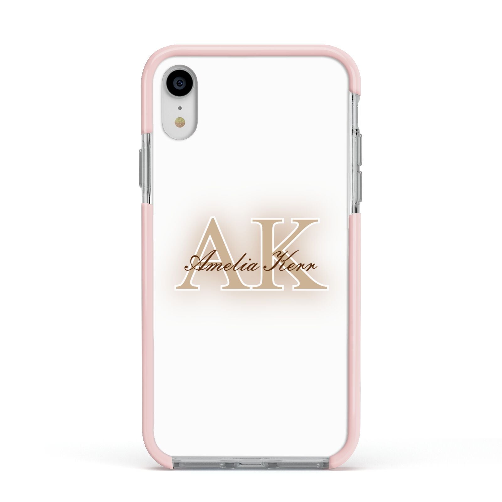 Shadow Initial Personalised Apple iPhone XR Impact Case Pink Edge on Silver Phone