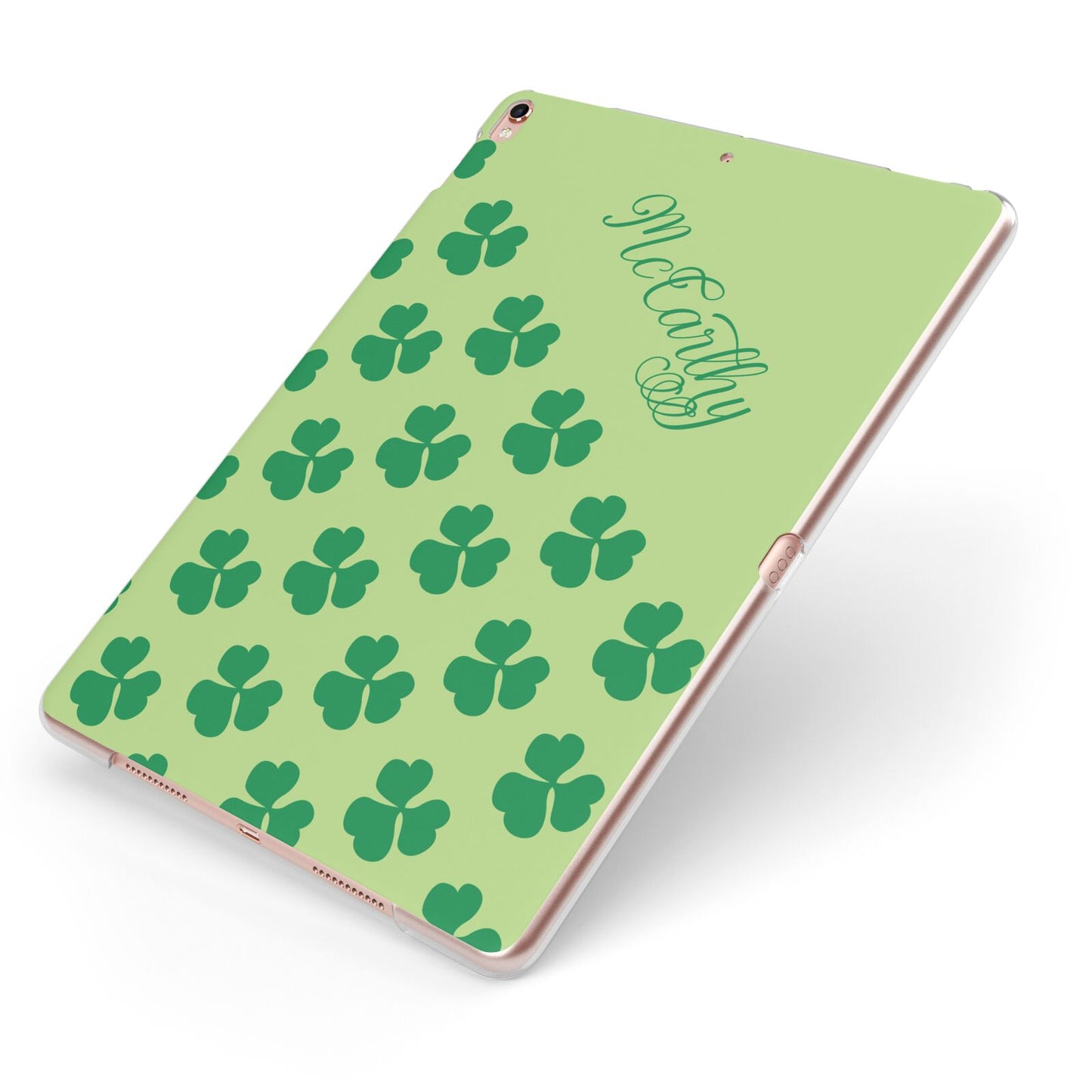 Shamrock Custom Name Apple iPad Case on Rose Gold iPad Side View