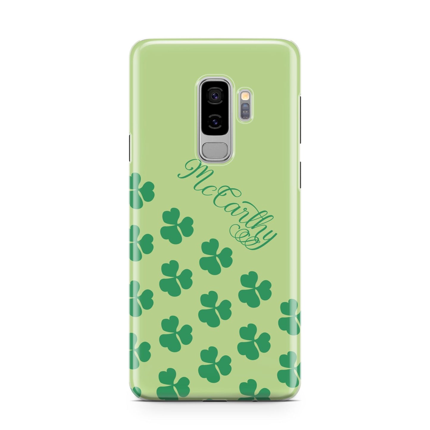 Shamrock Custom Name Samsung Galaxy S9 Plus Case on Silver phone