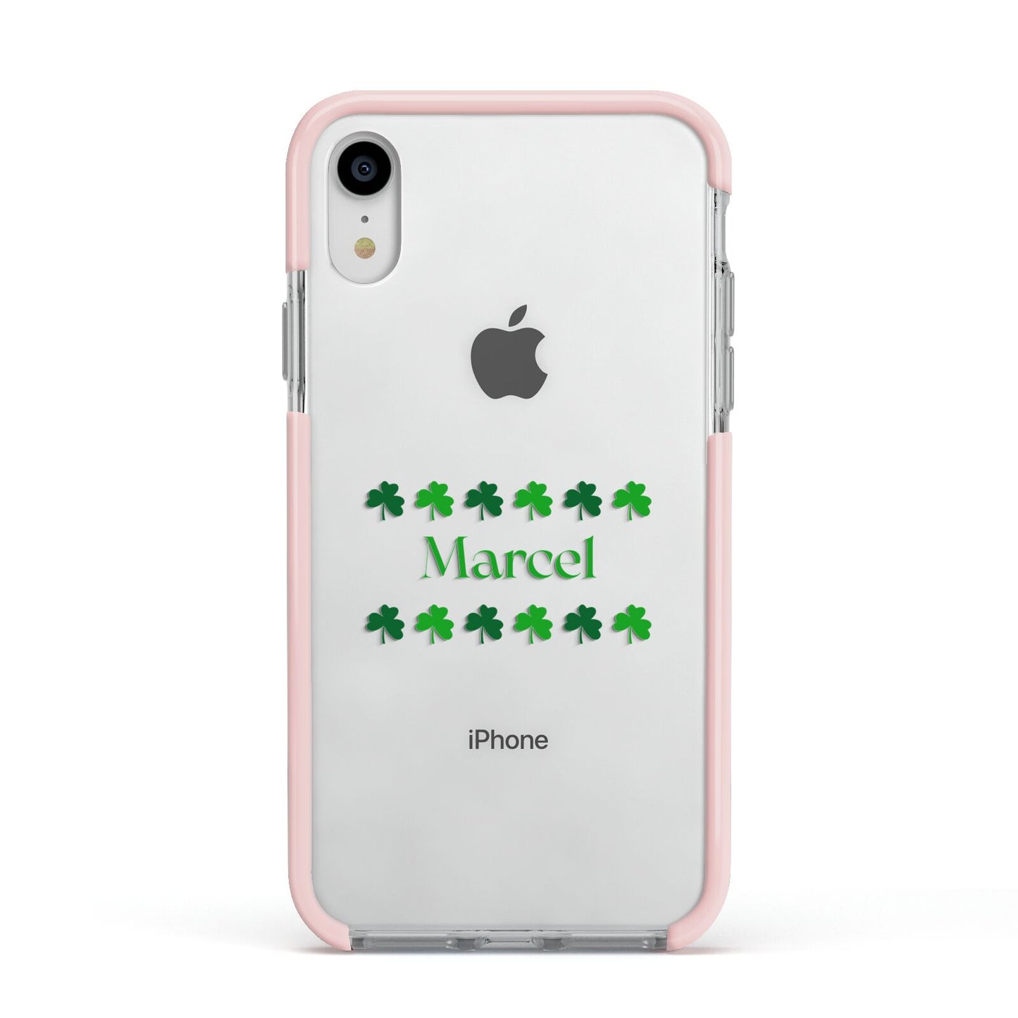 Shamrock Personalised Name Apple iPhone XR Impact Case Pink Edge on Silver Phone