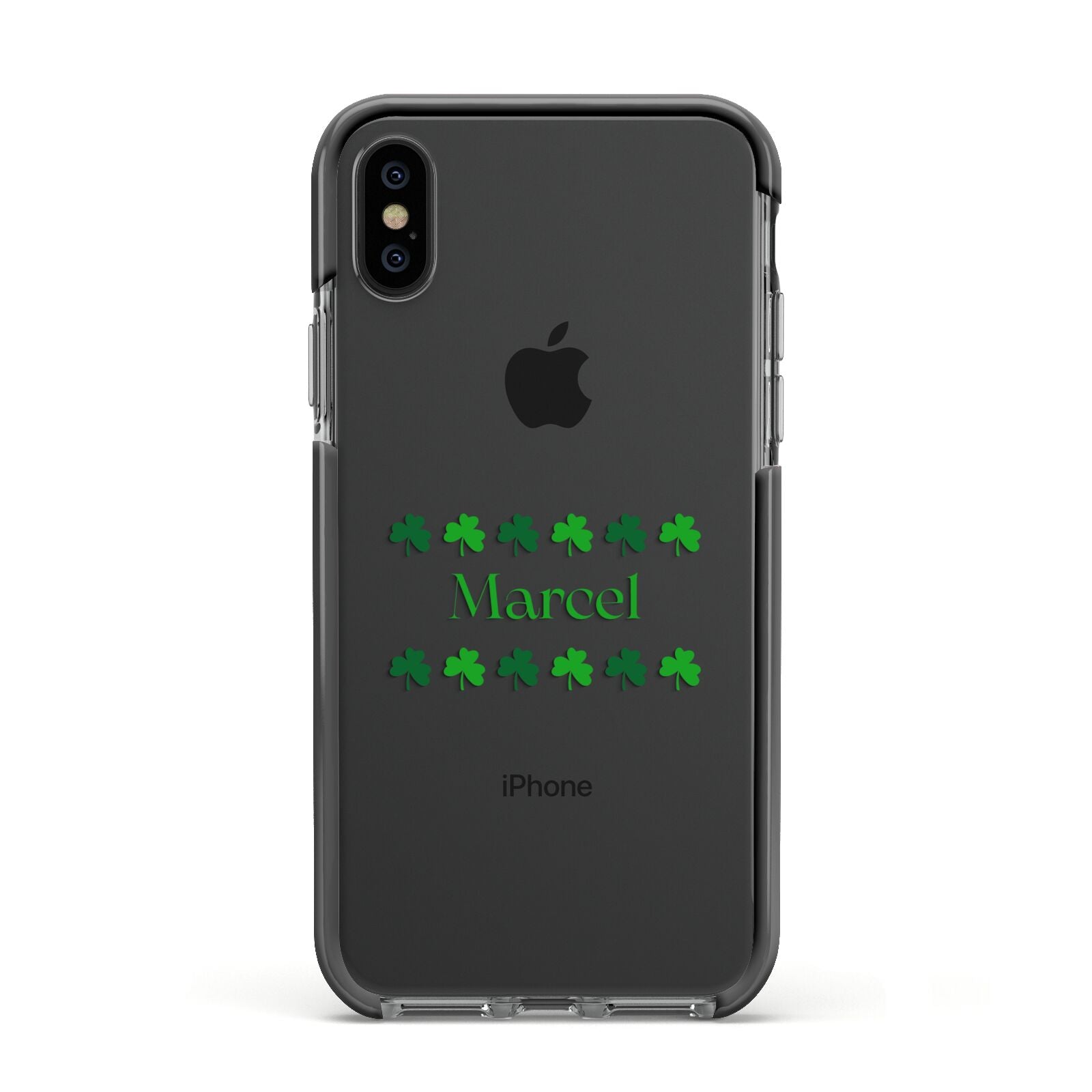 Shamrock Personalised Name Apple iPhone Xs Impact Case Black Edge on Black Phone