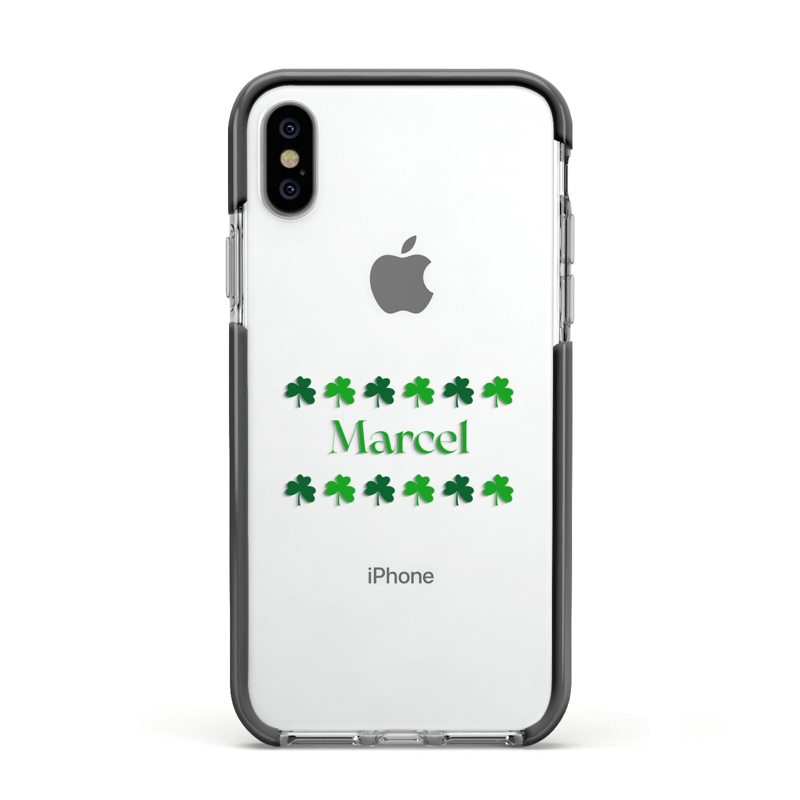 Shamrock Personalised Name Apple iPhone Xs Impact Case Black Edge on Silver Phone