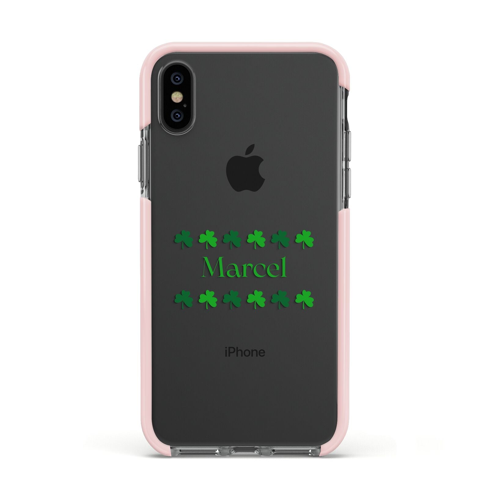 Shamrock Personalised Name Apple iPhone Xs Impact Case Pink Edge on Black Phone