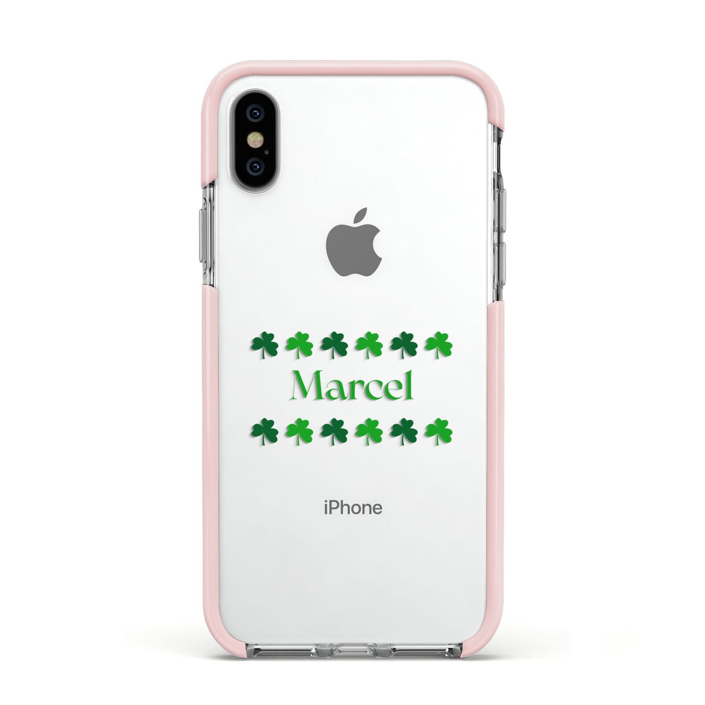 Shamrock Personalised Name Apple iPhone Xs Impact Case Pink Edge on Silver Phone