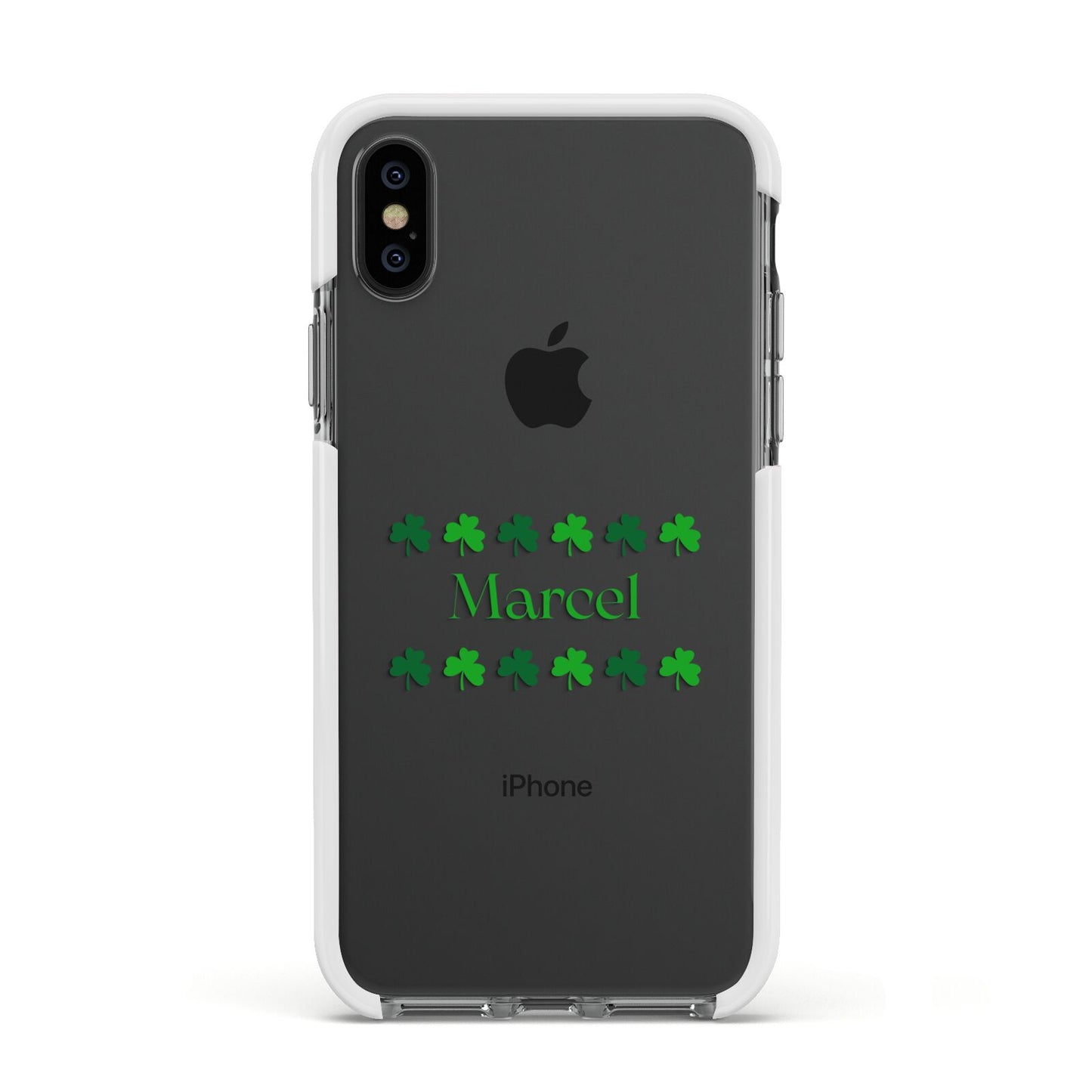 Shamrock Personalised Name Apple iPhone Xs Impact Case White Edge on Black Phone