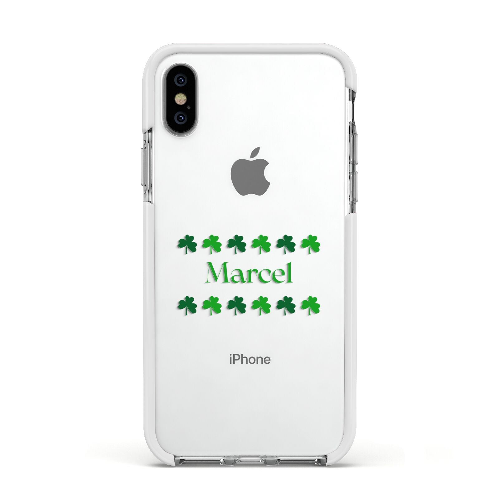 Shamrock Personalised Name Apple iPhone Xs Impact Case White Edge on Silver Phone