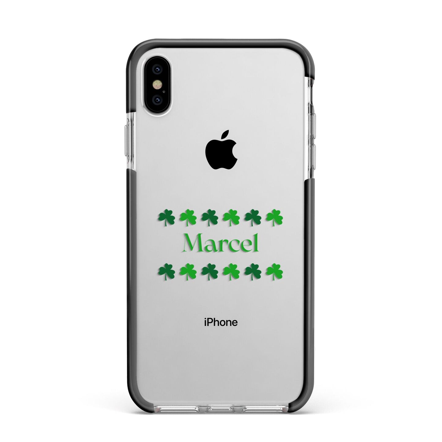 Shamrock Personalised Name Apple iPhone Xs Max Impact Case Black Edge on Silver Phone