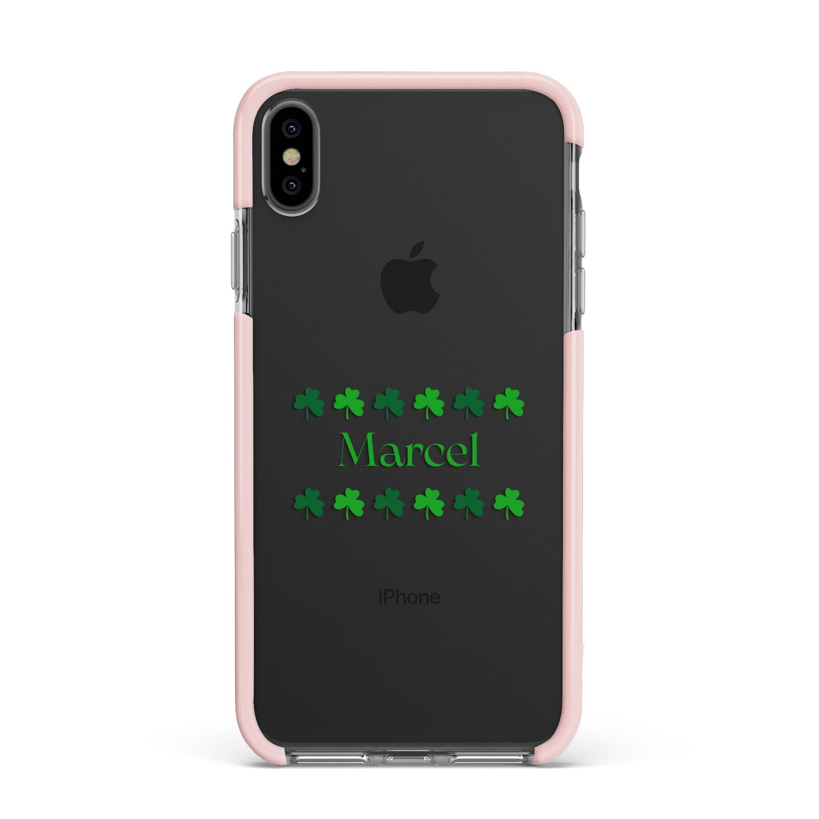 Shamrock Personalised Name Apple iPhone Xs Max Impact Case Pink Edge on Black Phone