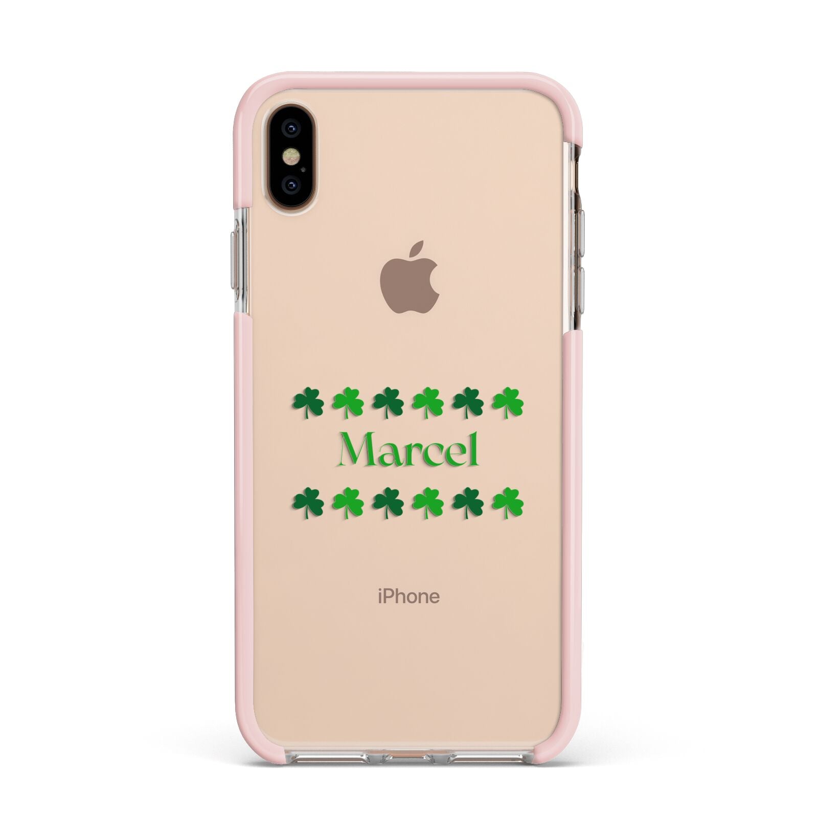 Shamrock Personalised Name Apple iPhone Xs Max Impact Case Pink Edge on Gold Phone