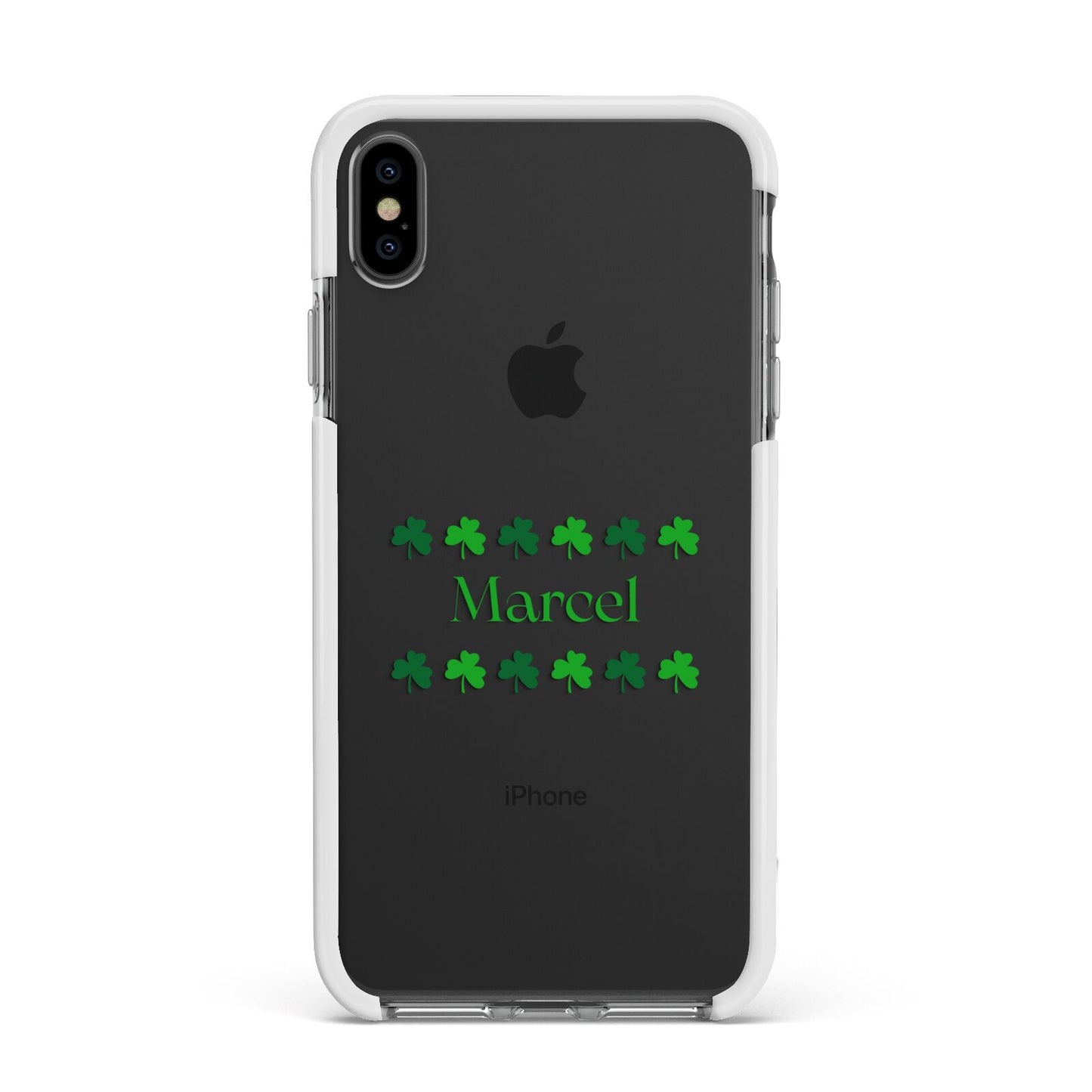 Shamrock Personalised Name Apple iPhone Xs Max Impact Case White Edge on Black Phone