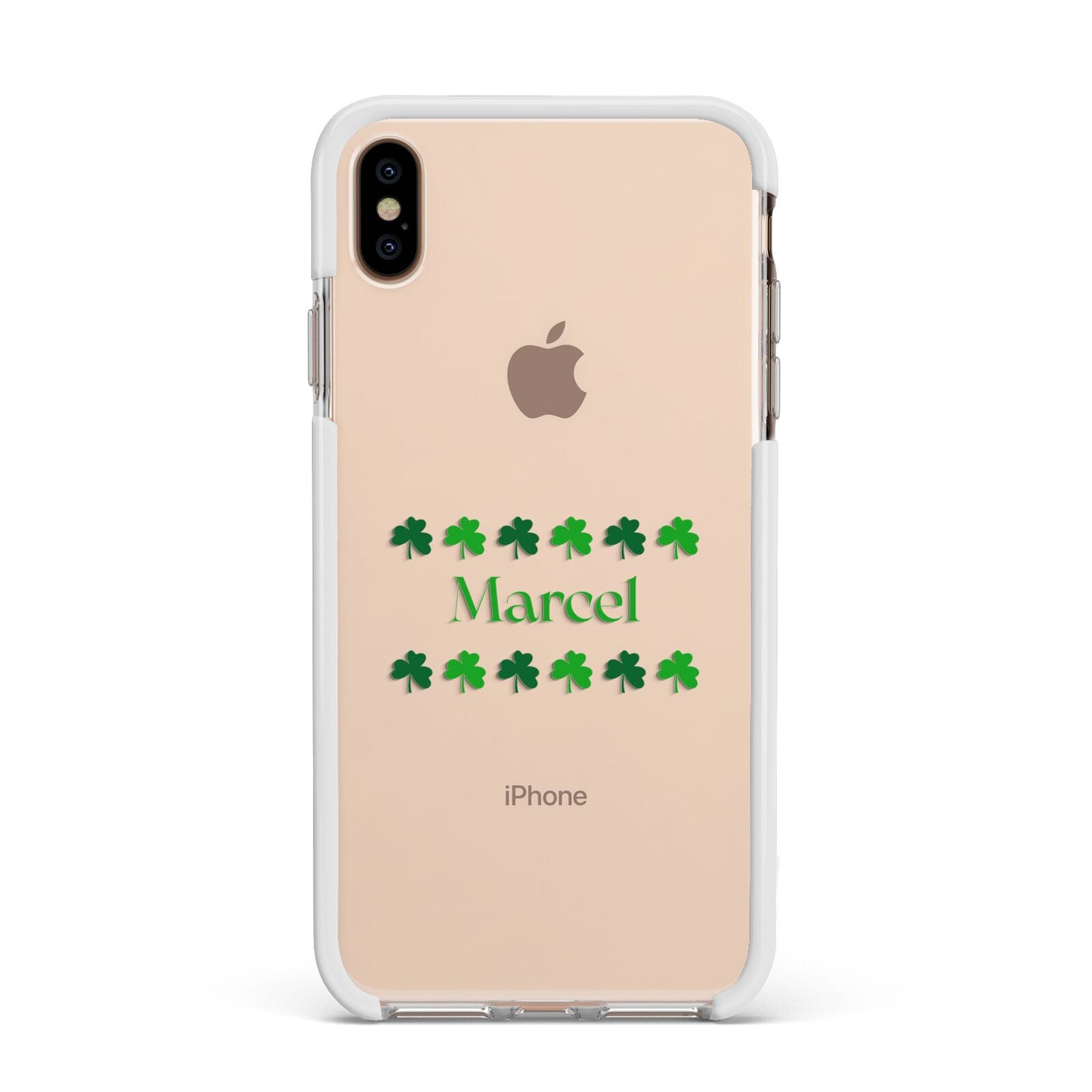 Shamrock Personalised Name Apple iPhone Xs Max Impact Case White Edge on Gold Phone