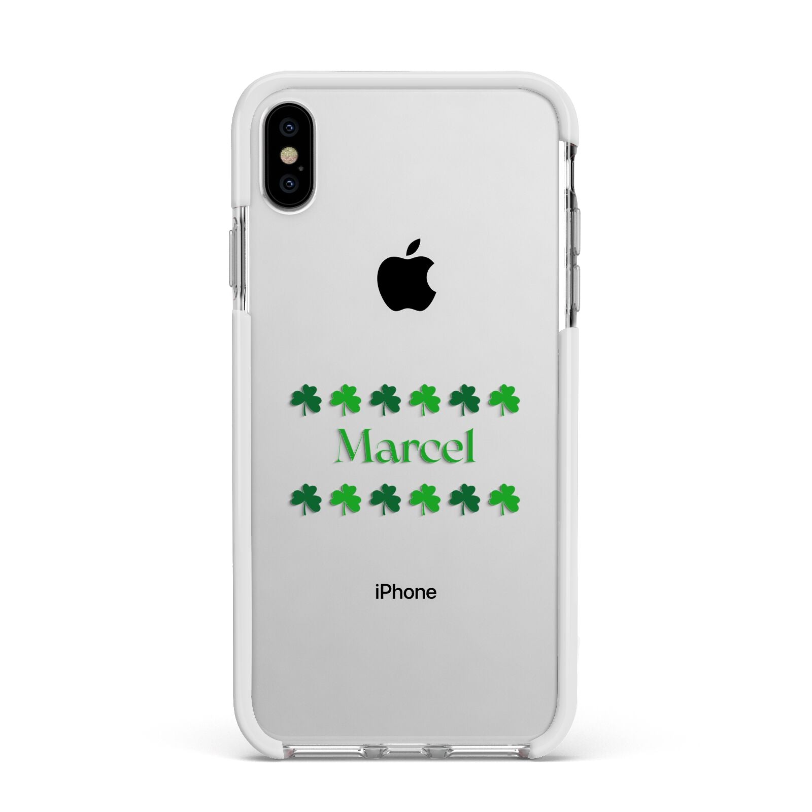 Shamrock Personalised Name Apple iPhone Xs Max Impact Case White Edge on Silver Phone