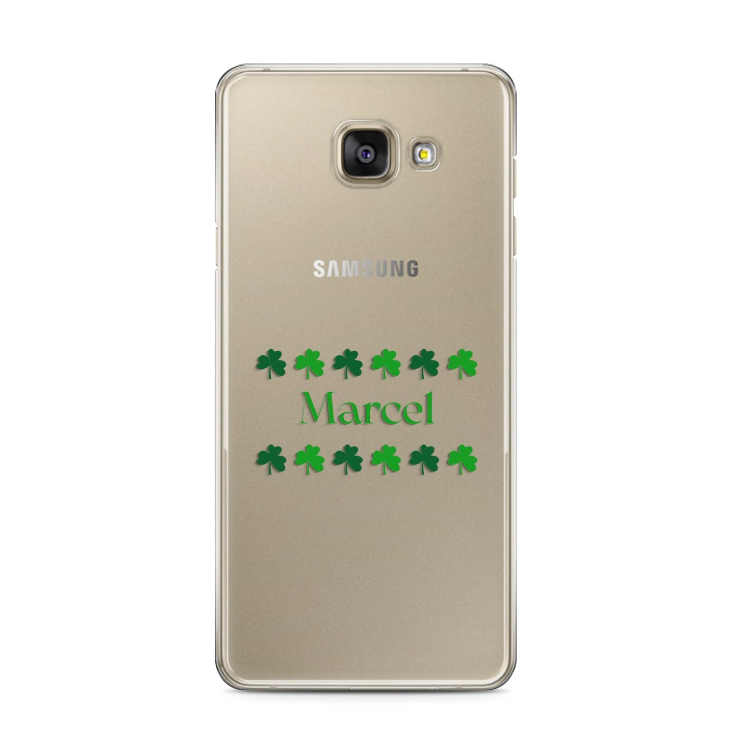 Shamrock Personalised Name Samsung Galaxy A3 2016 Case on gold phone