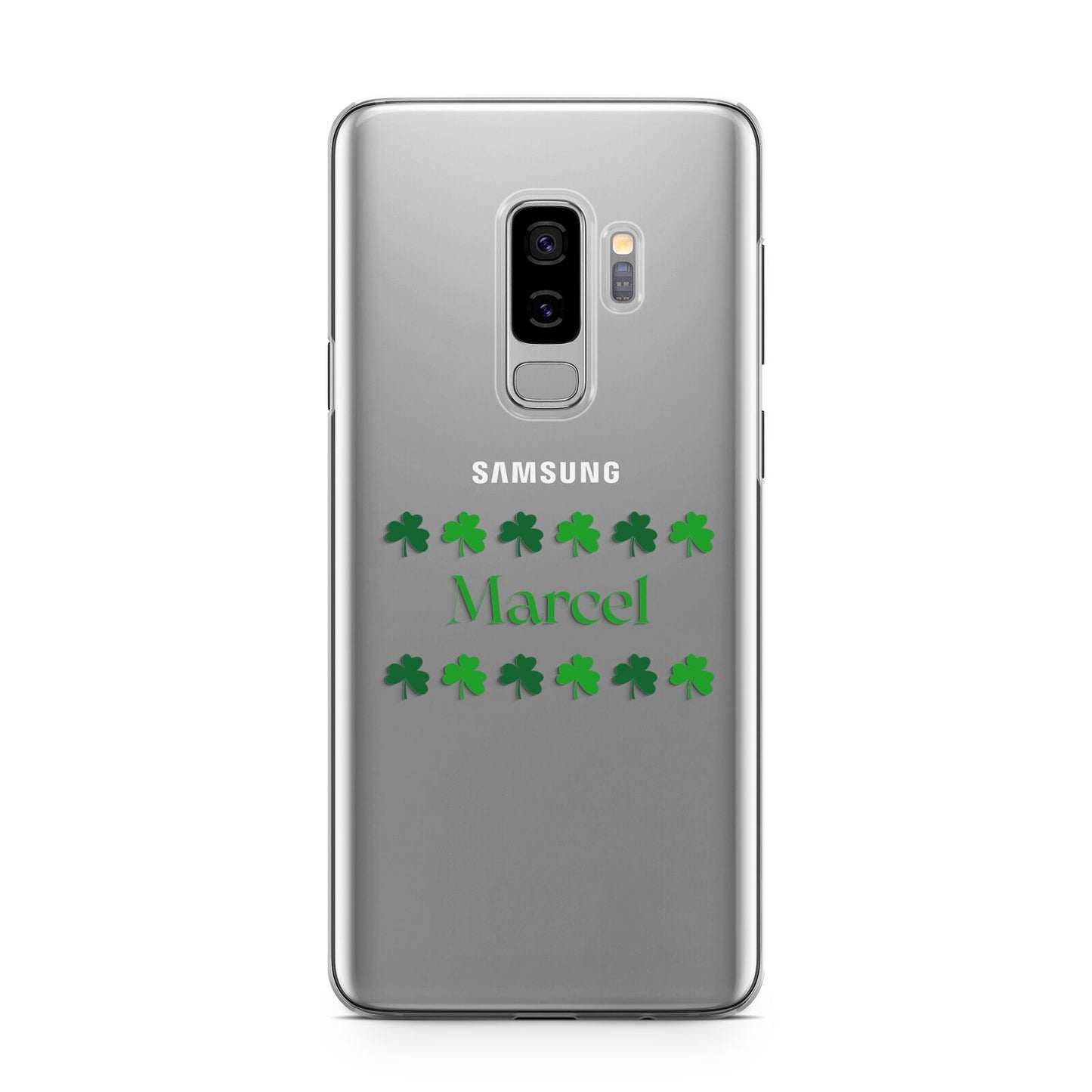 Shamrock Personalised Name Samsung Galaxy S9 Plus Case on Silver phone