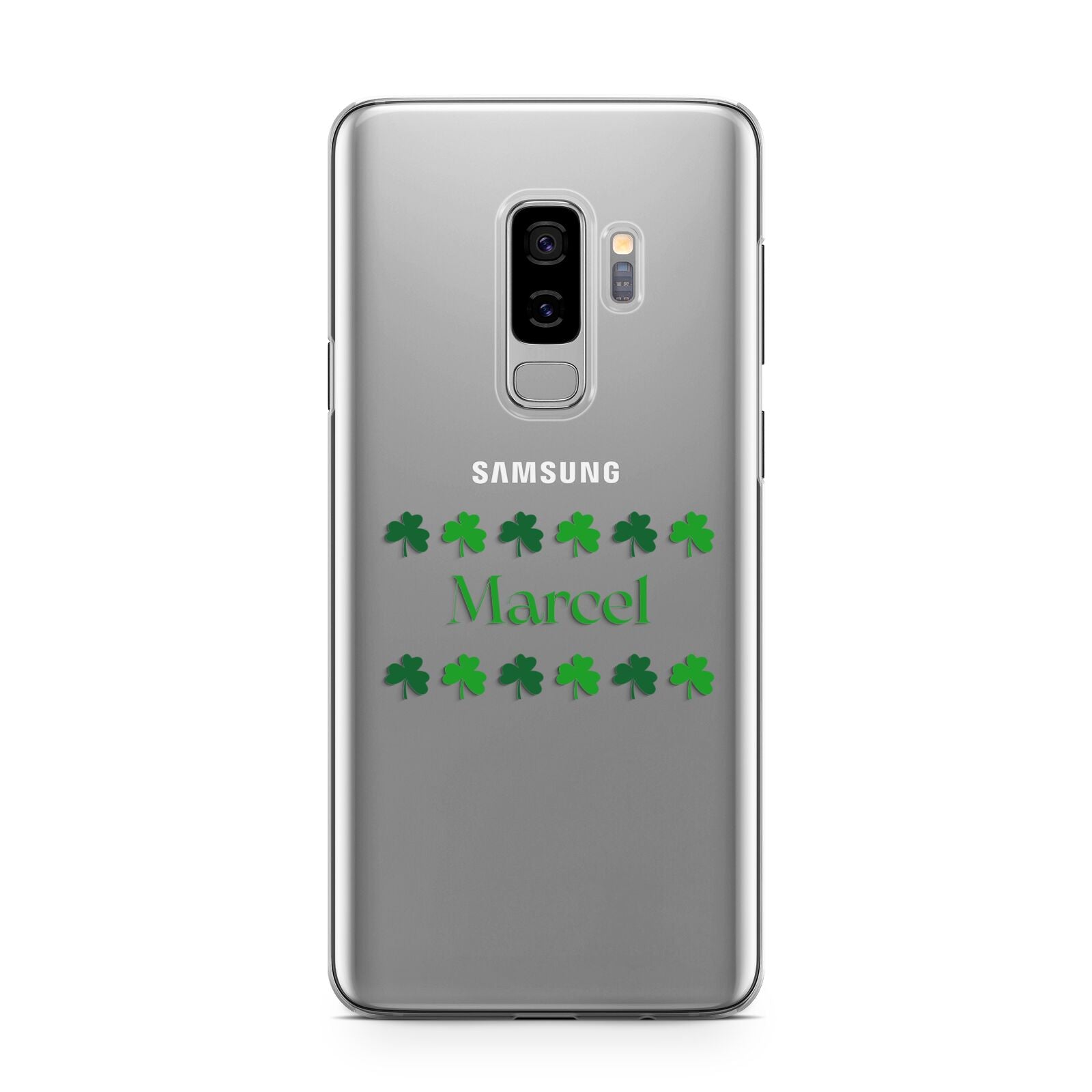 Shamrock Personalised Name Samsung Galaxy S9 Plus Case on Silver phone