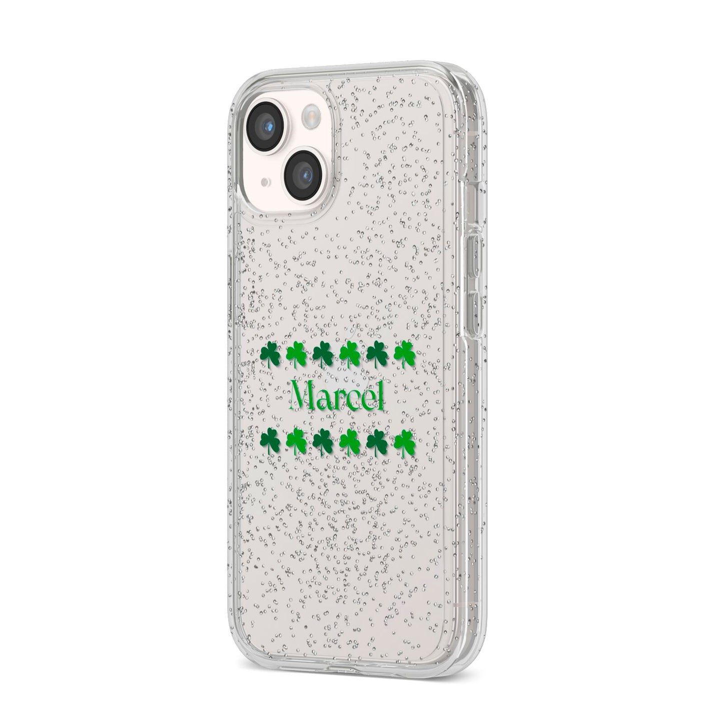 Shamrock Personalised Name iPhone 14 Glitter Tough Case Starlight Angled Image