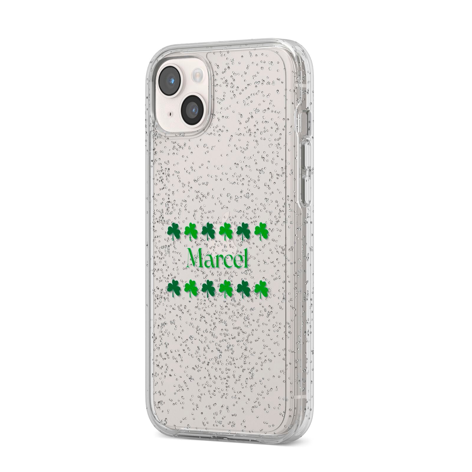 Shamrock Personalised Name iPhone 14 Plus Glitter Tough Case Starlight Angled Image