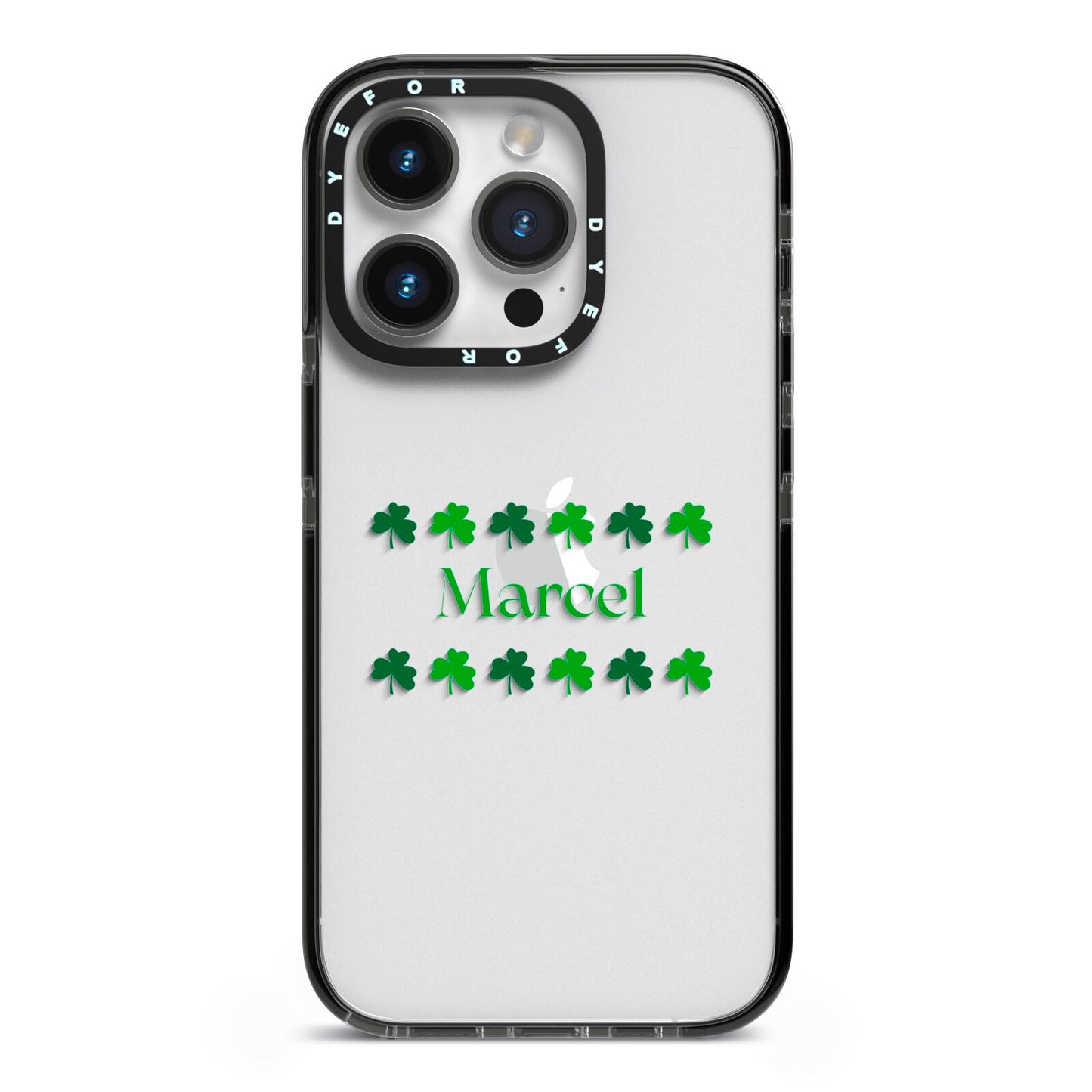 Shamrock Personalised Name iPhone 14 Pro Black Impact Case on Silver phone