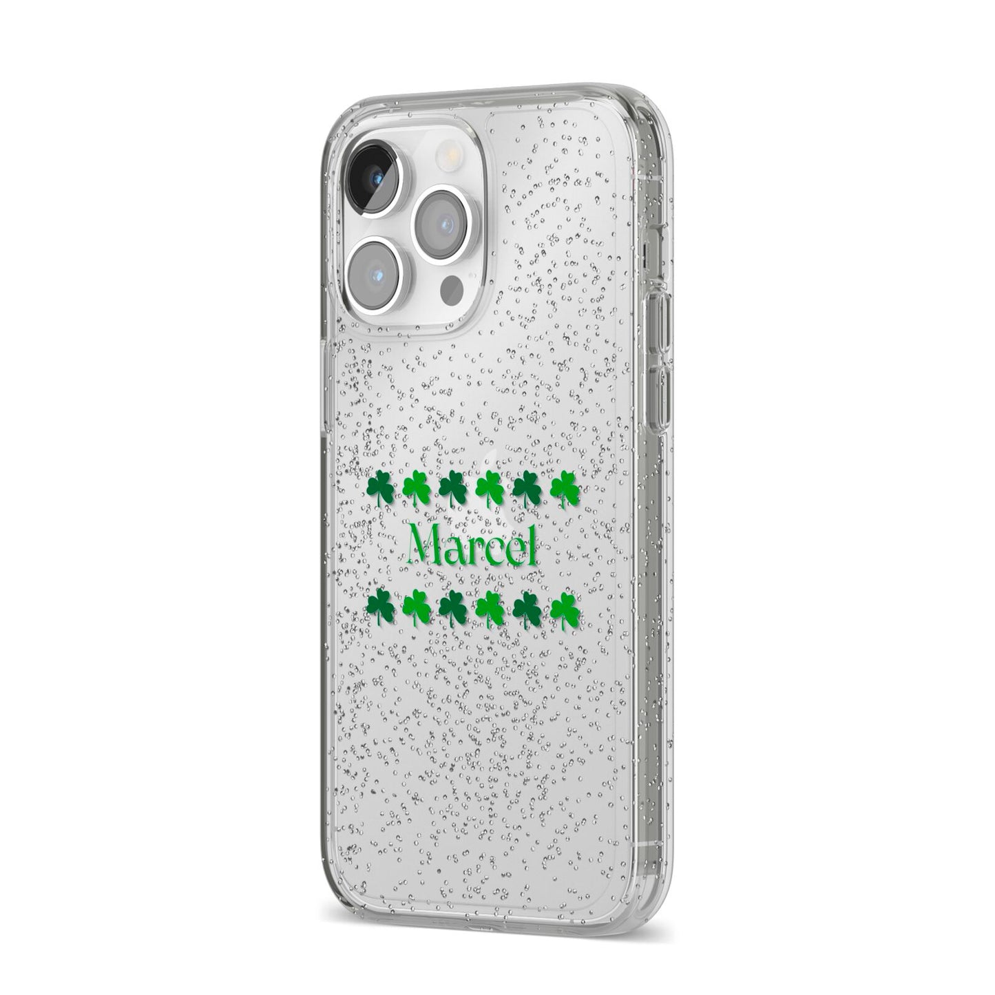 Shamrock Personalised Name iPhone 14 Pro Max Glitter Tough Case Silver Angled Image