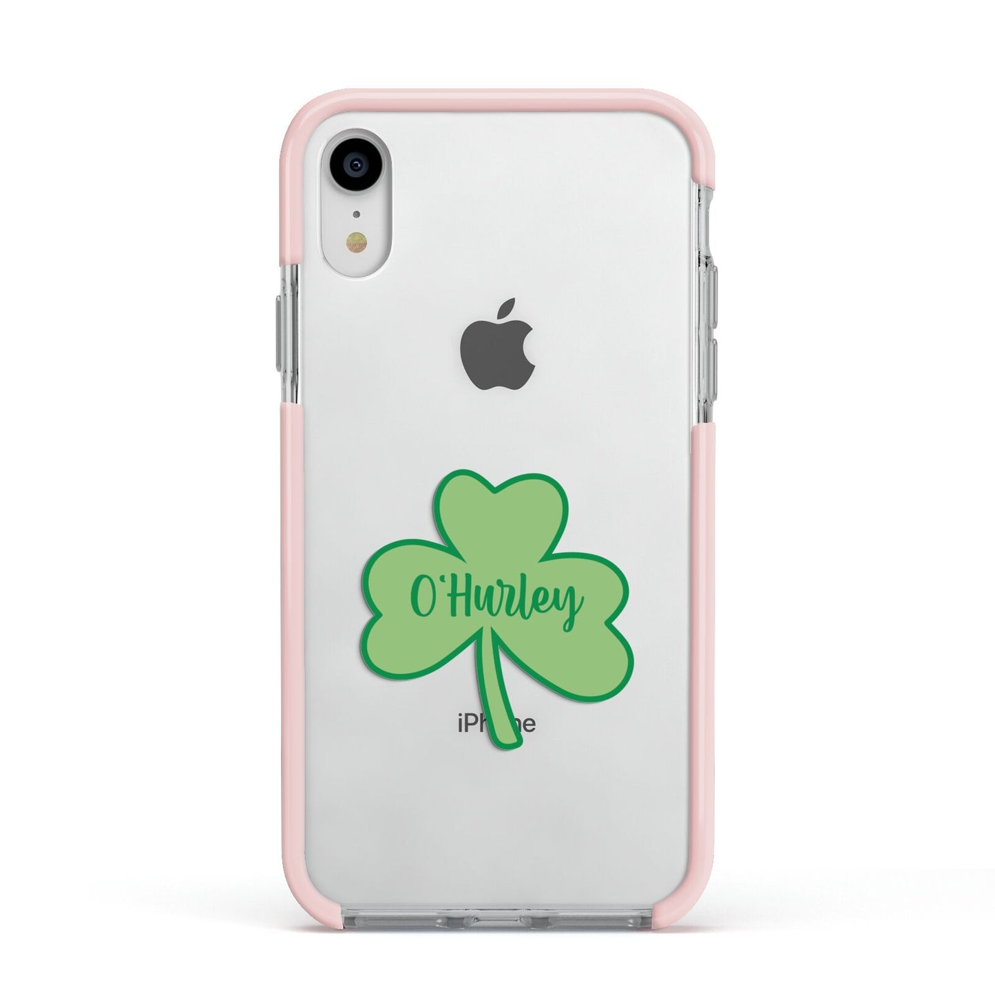 Shamrock with Name Apple iPhone XR Impact Case Pink Edge on Silver Phone