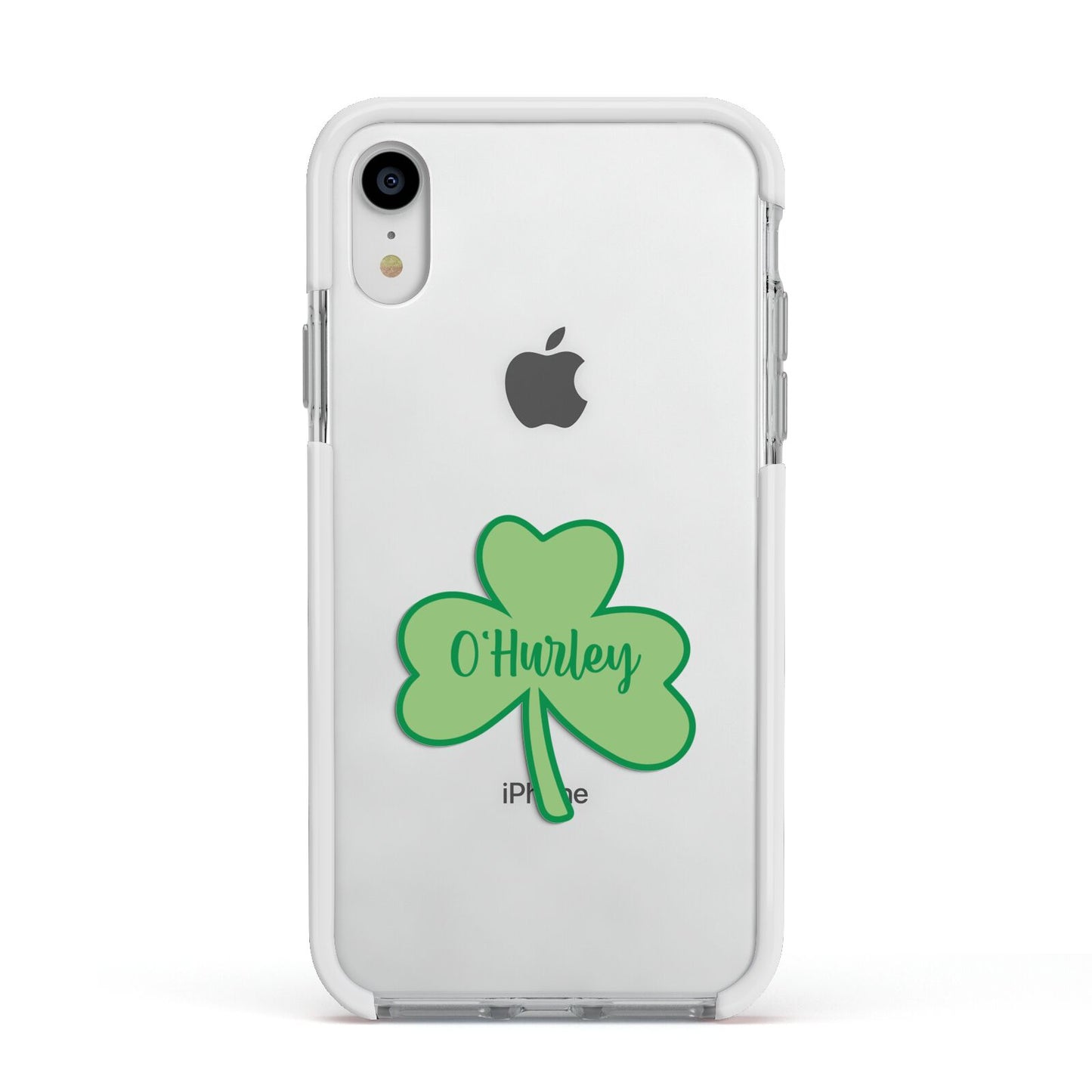 Shamrock with Name Apple iPhone XR Impact Case White Edge on Silver Phone