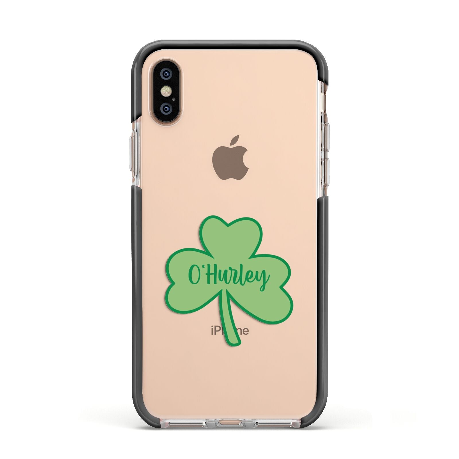 Shamrock with Name Apple iPhone Xs Impact Case Black Edge on Gold Phone