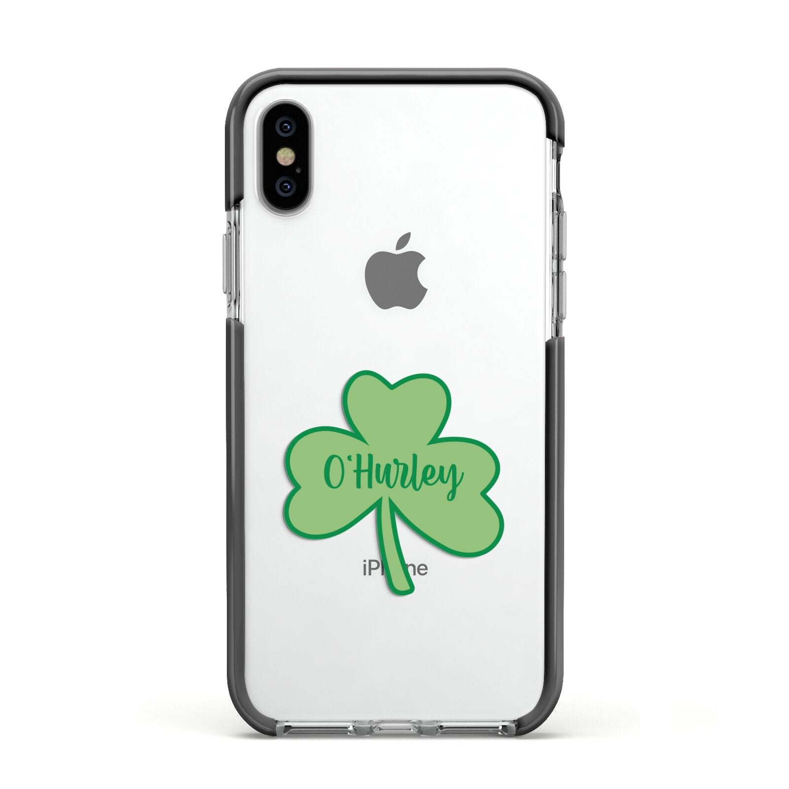 Shamrock with Name Apple iPhone Xs Impact Case Black Edge on Silver Phone