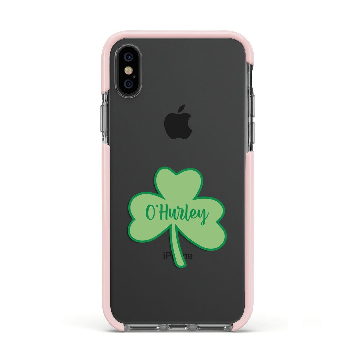 Shamrock with Name Apple iPhone Xs Impact Case Pink Edge on Black Phone