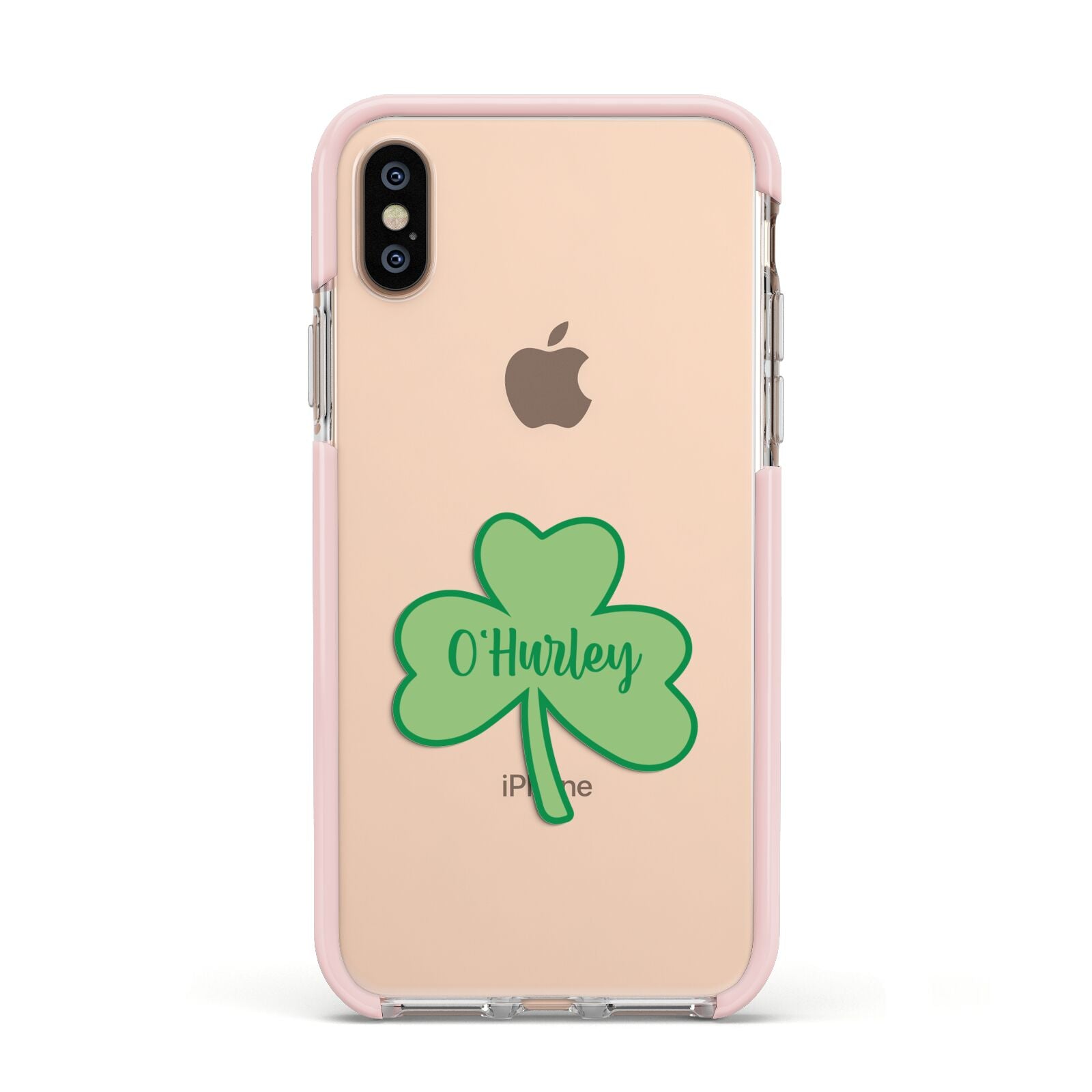 Shamrock with Name Apple iPhone Xs Impact Case Pink Edge on Gold Phone