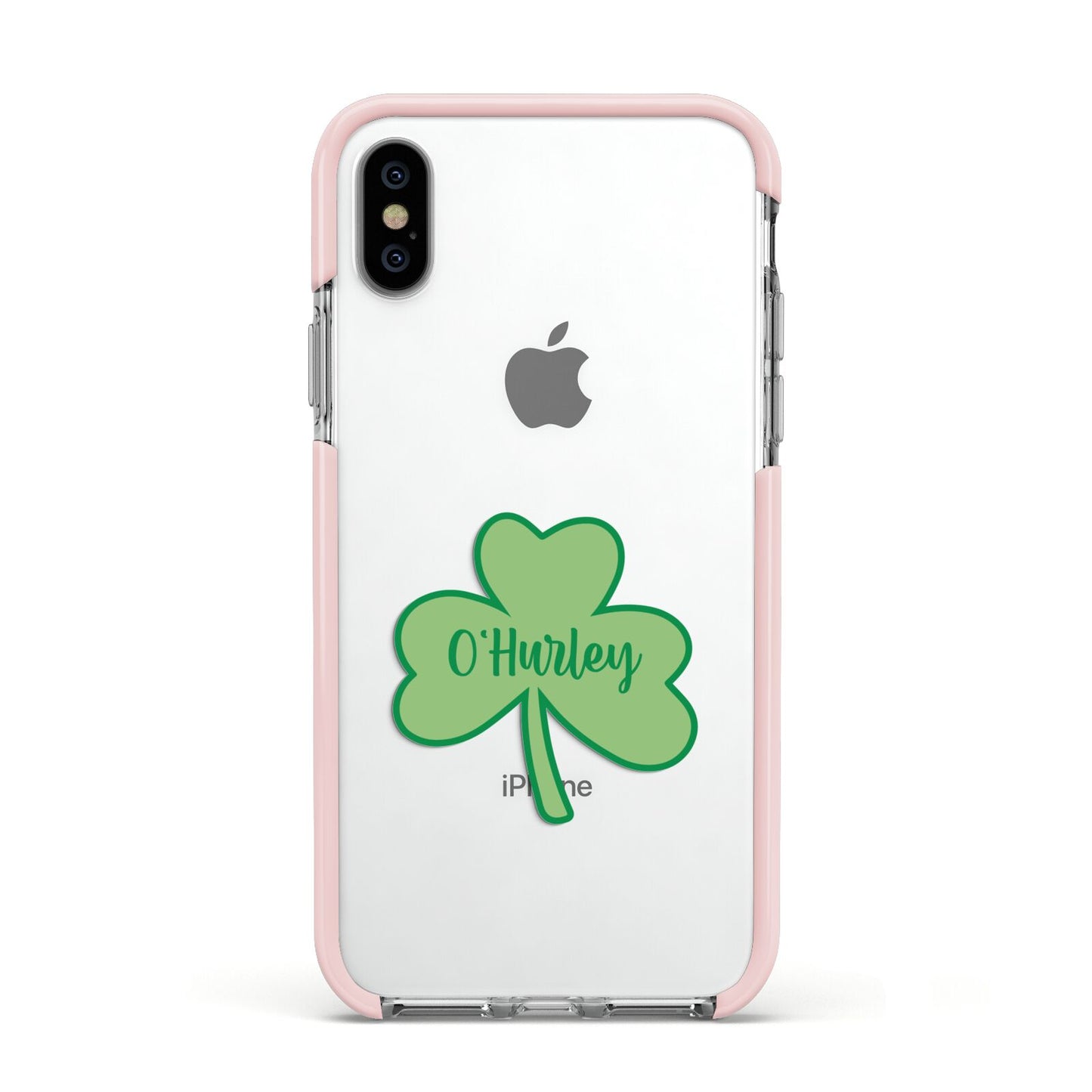 Shamrock with Name Apple iPhone Xs Impact Case Pink Edge on Silver Phone