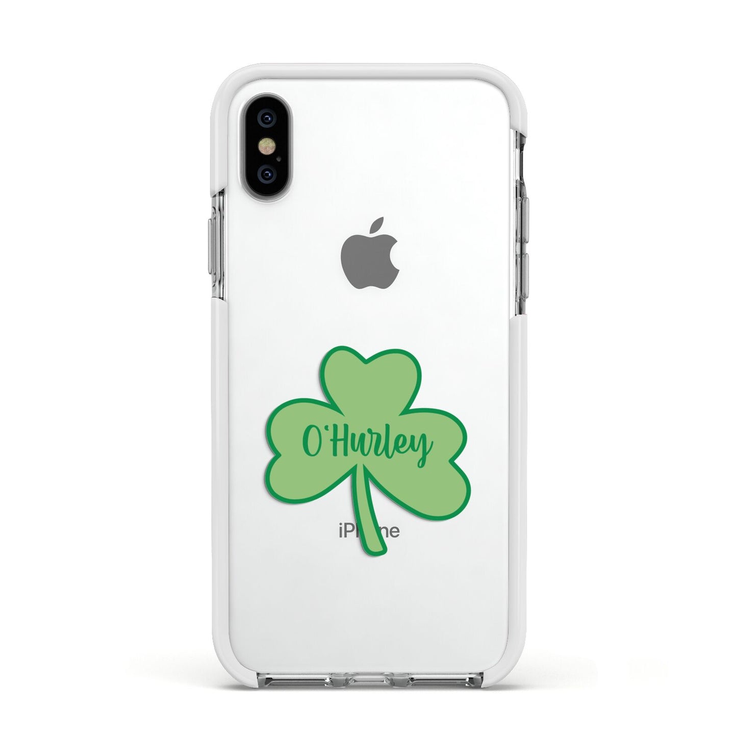 Shamrock with Name Apple iPhone Xs Impact Case White Edge on Silver Phone