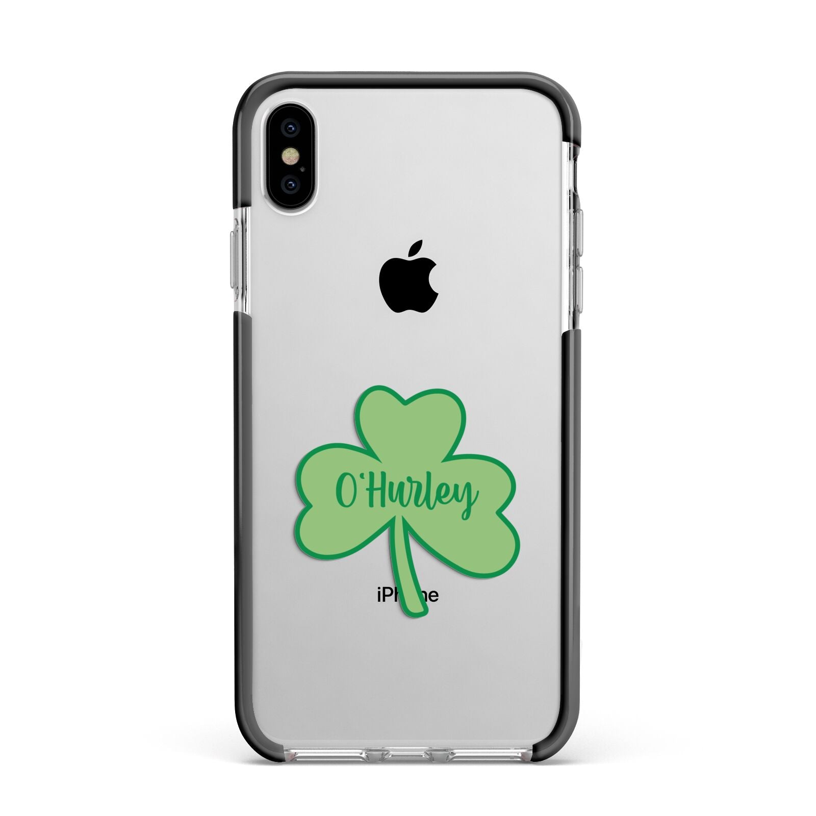 Shamrock with Name Apple iPhone Xs Max Impact Case Black Edge on Silver Phone