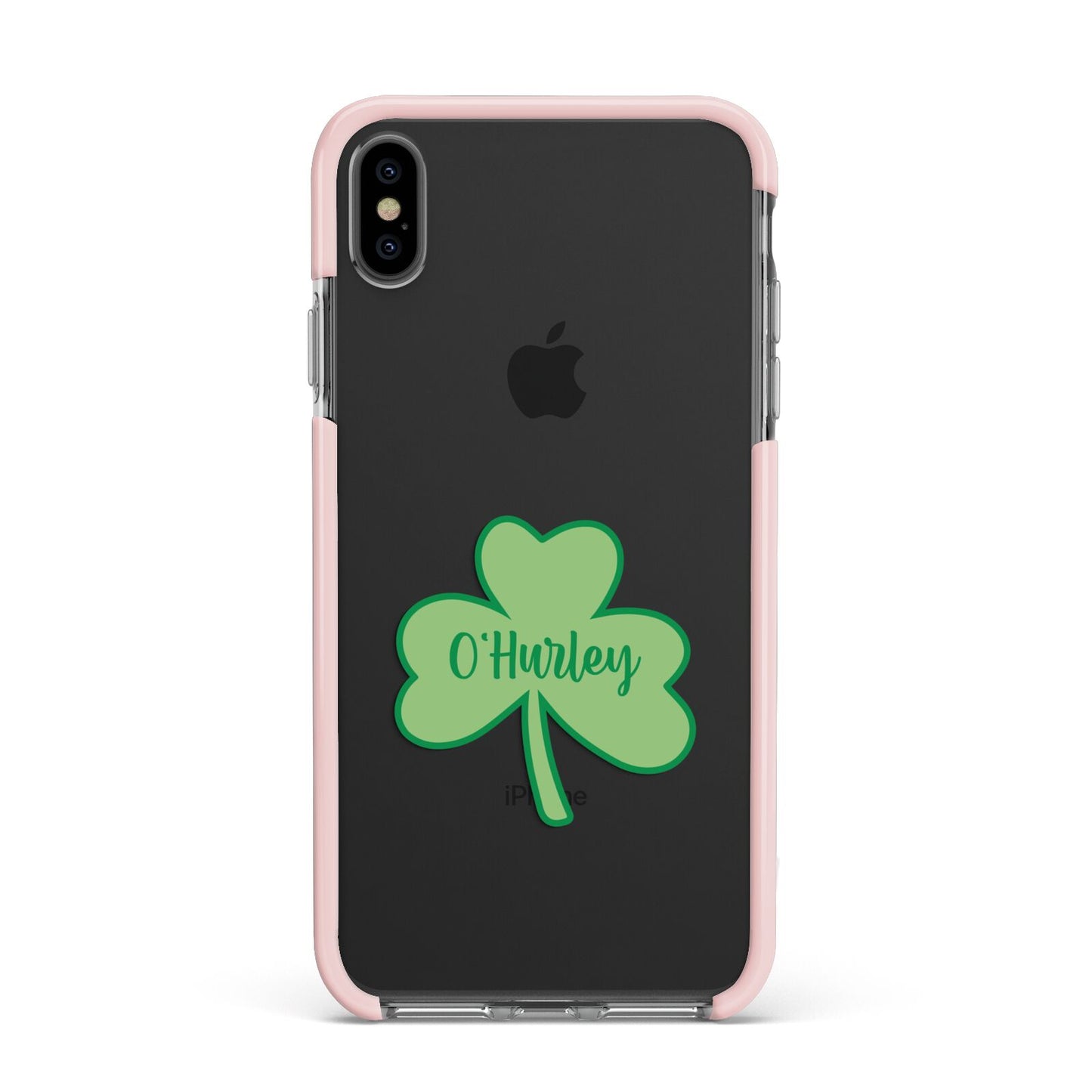 Shamrock with Name Apple iPhone Xs Max Impact Case Pink Edge on Black Phone