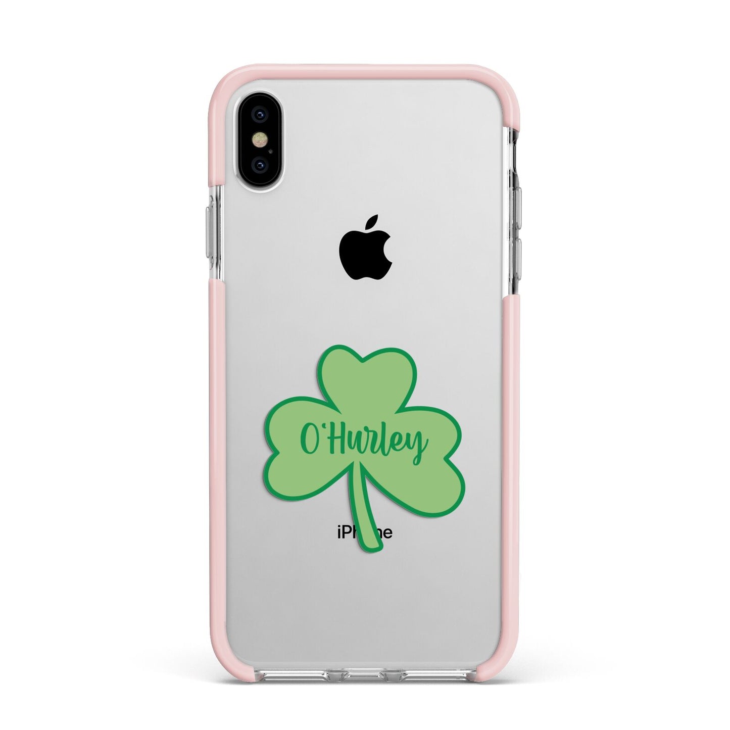 Shamrock with Name Apple iPhone Xs Max Impact Case Pink Edge on Silver Phone