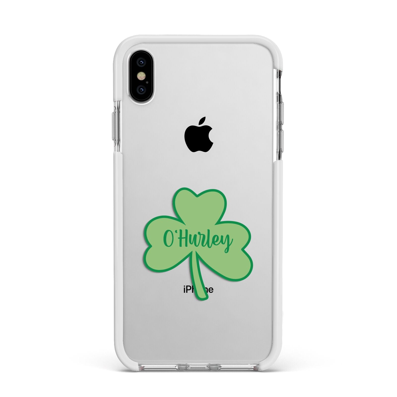 Shamrock with Name Apple iPhone Xs Max Impact Case White Edge on Silver Phone